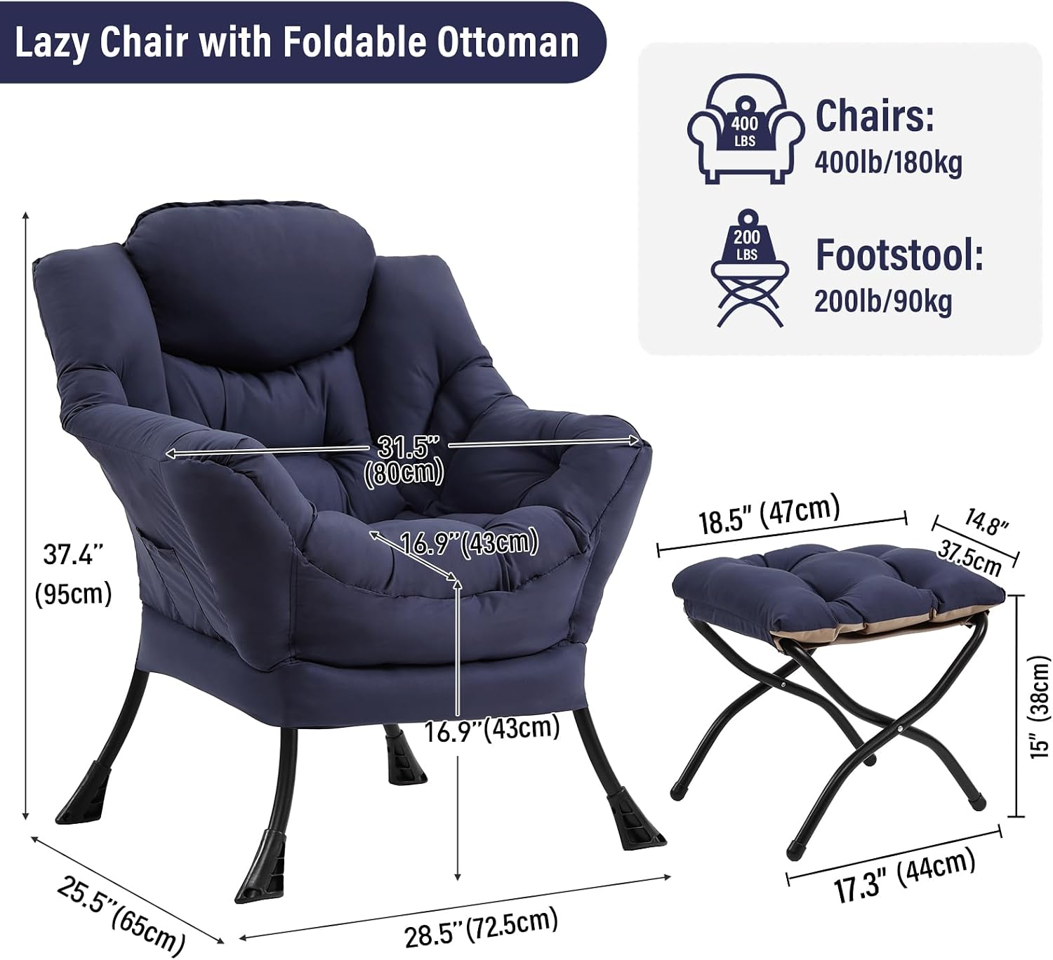 Furlide Lazy Chair with Ottoman, Modern Accent Chairs with Folding Footrest, Navy Blue Sofa Chair Set, Comfortable Reading Chairs, Oversized Armchairs for Bedroom, Study, Living Room, Courtyard