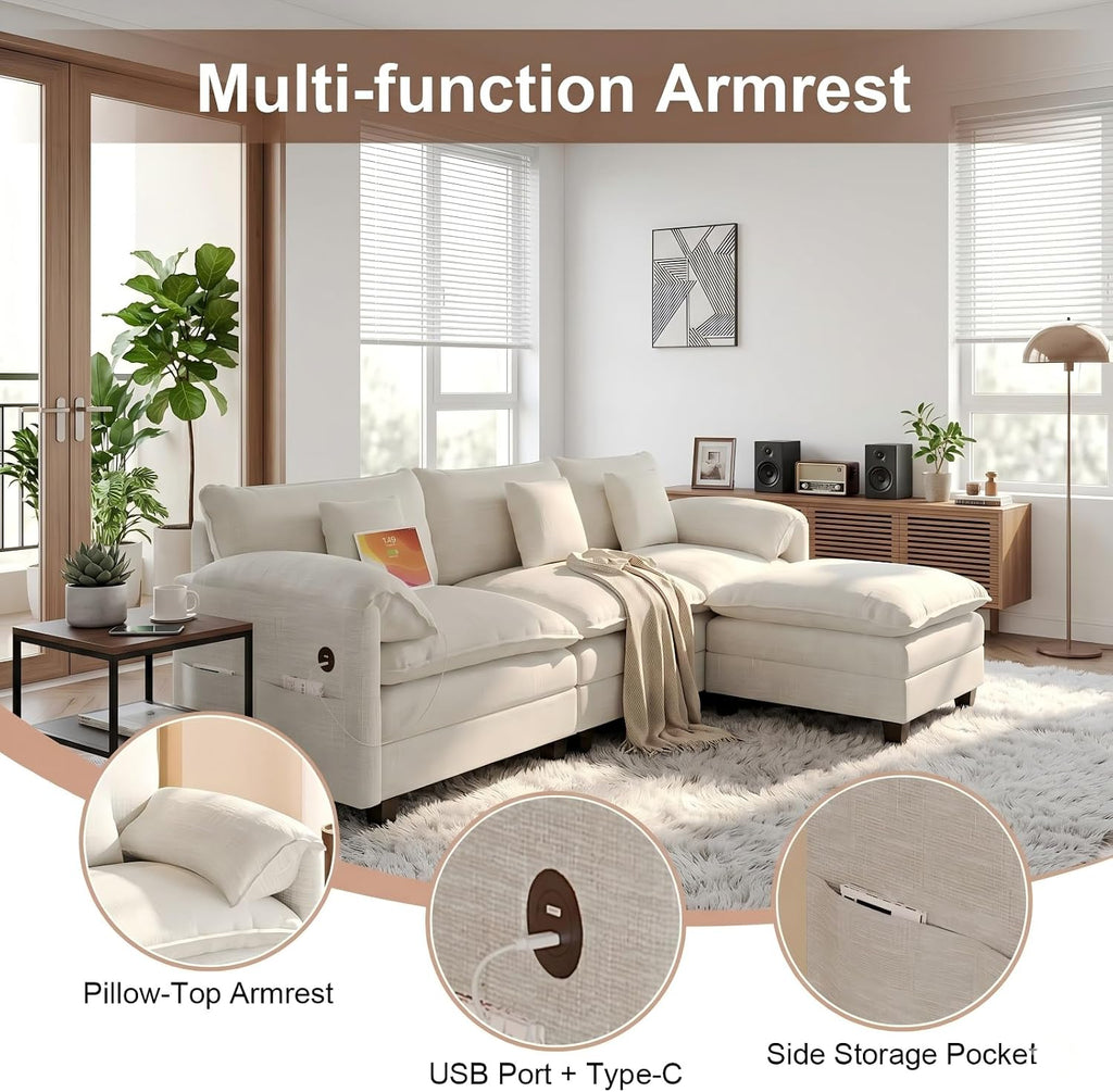 KCGKCG Modular Sectional Sofa, 108' Comfy Cloud Couch with Movable Ottoman | Charging Station | Side Pocket | Throw Pillow, Modern L-Shaped Couches for Living Room, Chenille, Cloud White