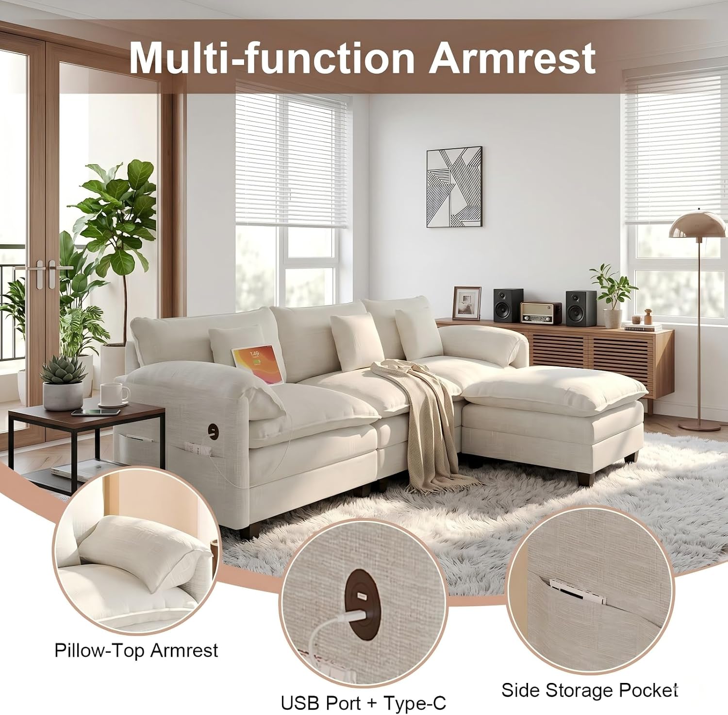 KCGKCG Modular Sectional Sofa, 108' Comfy Cloud Couch with Movable Ottoman | Charging Station | Side Pocket | Throw Pillow, Modern L-Shaped Couches for Living Room, Chenille, Cloud White