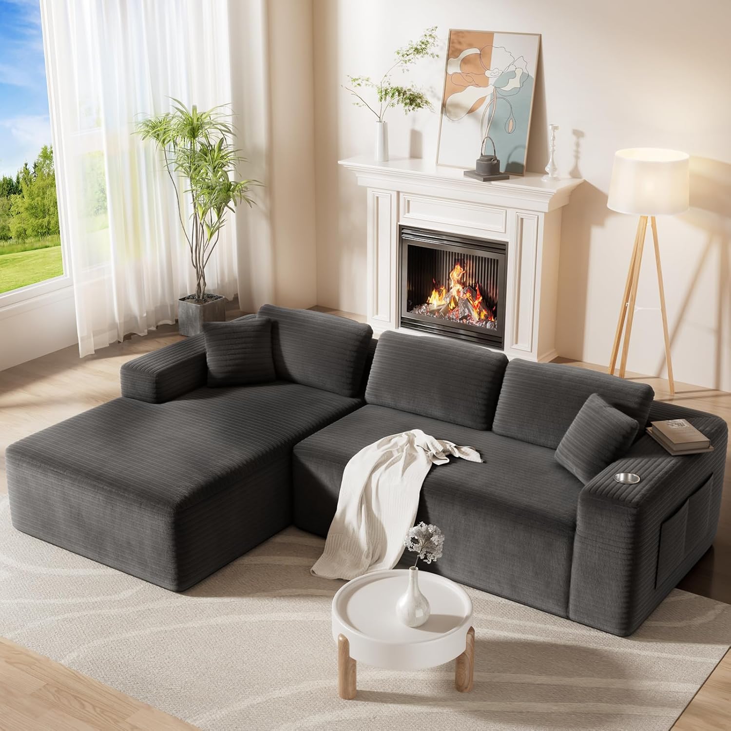 CAMMOO 108' Cloud Sectional Couch in One Box, Compressed Modular Sectional Sofa with Deep Seat, Corduroy Boneless Couches, L-Shaped Sofa for Living Room, 4 Storage Pockets(Left Facing Chaise, Grey)