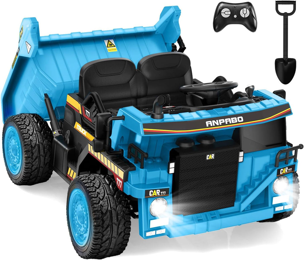 ANPABO 24V Ride On Dump Truck, 2X75W Powerful Motors, Up to 4.4Mph, EVA Tires, Construction Vehicle w/Electric Dump Bed and Extra Shovel, 19' Spacious 2 Seater, Kids Car w/Parent Remote -Blue