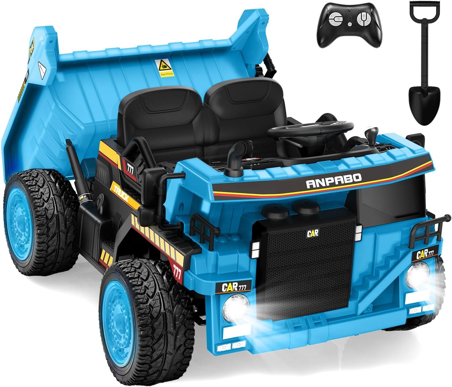 ANPABO 24V Ride On Dump Truck, 2X75W Powerful Motors, Up to 4.4Mph, EVA Tires, Construction Vehicle w/Electric Dump Bed and Extra Shovel, 19' Spacious 2 Seater, Kids Car w/Parent Remote -Blue