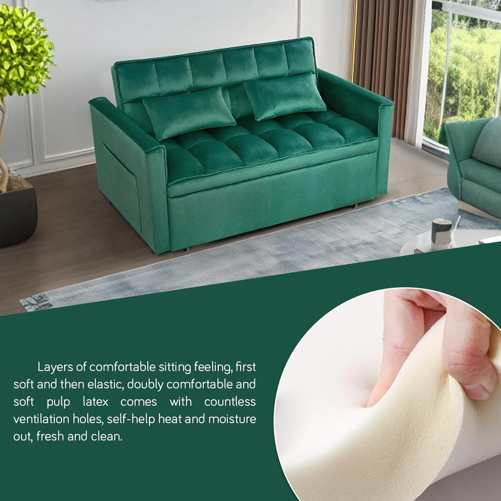 3 in 1 Convertible Sleeper Sofa Bed, 54'' Full Size Velvet Pull Out Futon Couch Recliner with Reclining Backrest & 2 Pillows, Small Loveseat Lounge Couches for Small Spaces (Dark Green)