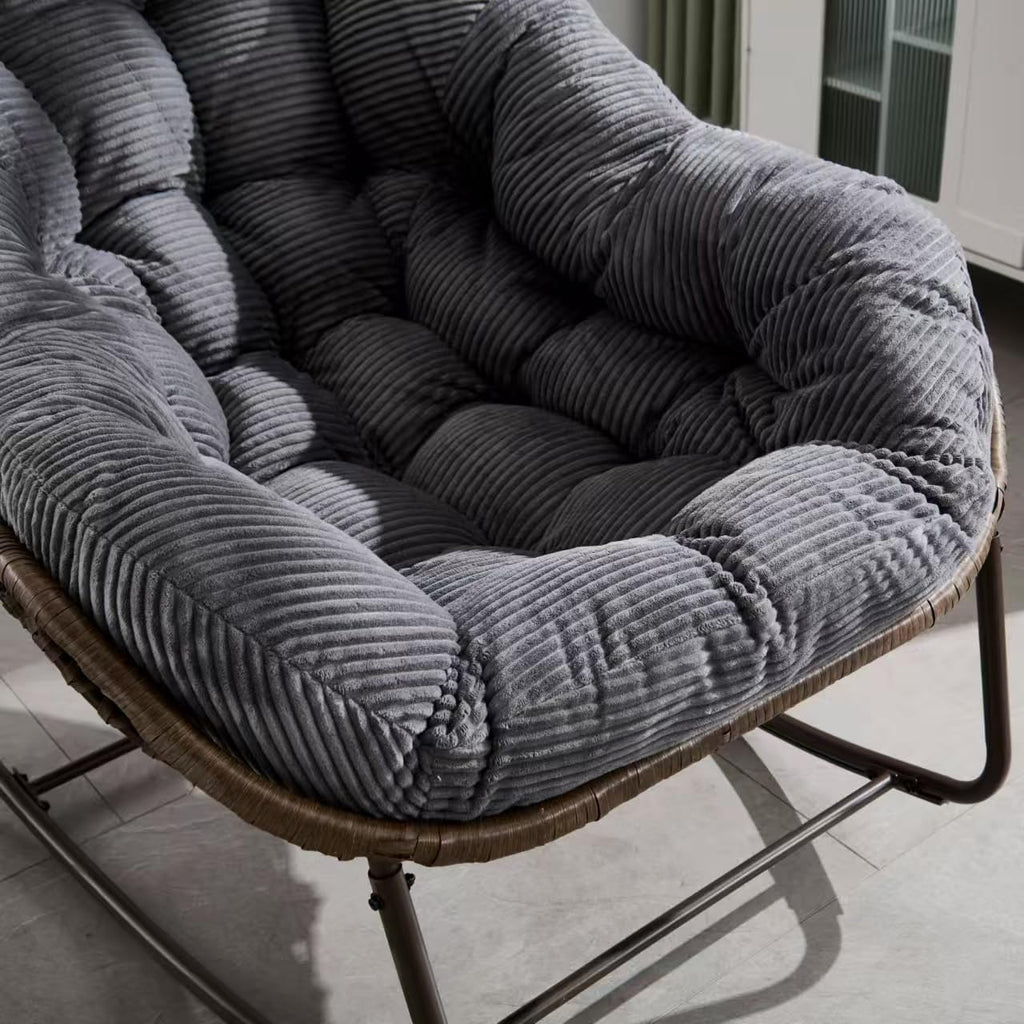 Oversized Indoor Outdoor Rocking Papasan Chair, Rattan Wicker Egg Rocking Chair with Steel Frame & Thick Corduroy Cushion, Comfy Recliner Lounger for Patio, Backyard, Balcony, Garden, Grey
