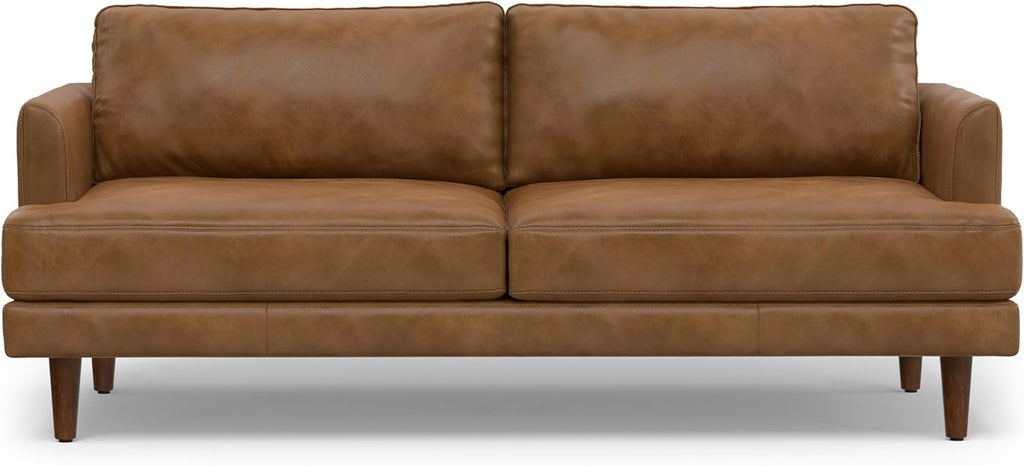 SIMPLIHOME Livingston Sofa - 76' Wide x 33' High Top Grain Genuine Leather Sofa in Caramel Brown, Mid-Century Modern Loveseat with Removable Feather-Wrapped Cushions and Solid Wood Frame