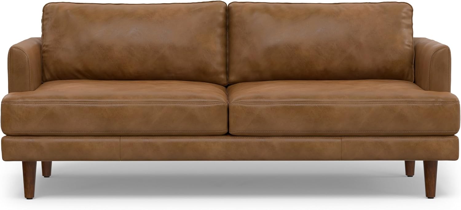 SIMPLIHOME Livingston Sofa - 76' Wide x 33' High Top Grain Genuine Leather Sofa in Caramel Brown, Mid-Century Modern Loveseat with Removable Feather-Wrapped Cushions and Solid Wood Frame