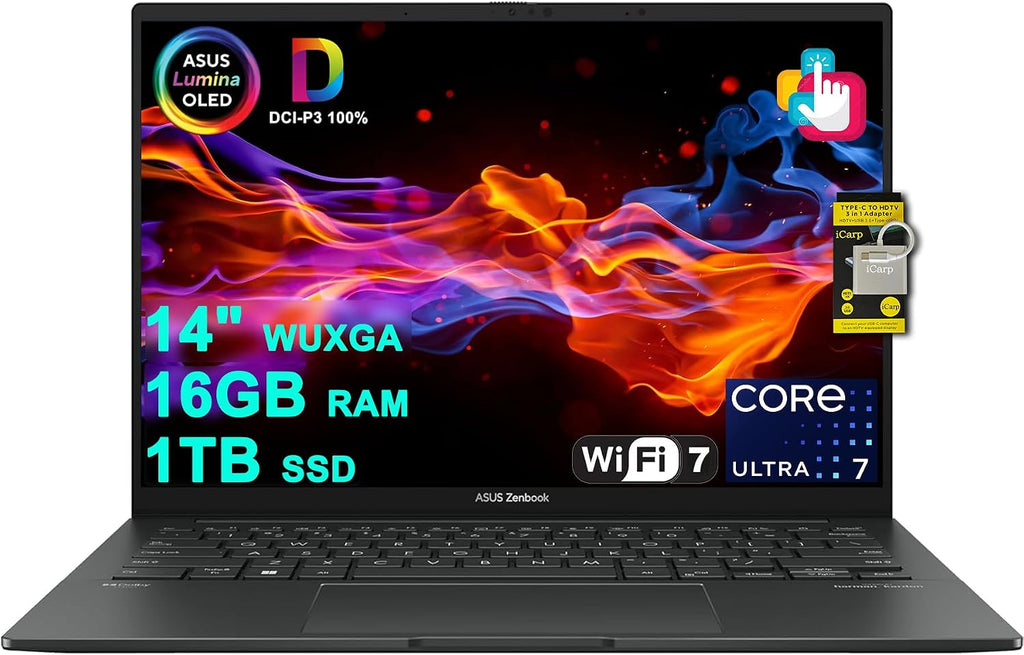 ASUS Zenbook 14 Creator Laptop 14' WUXGA Lumina OLED Touch (500nits HDR, 100% DCI-P3) Intel 16-core Ultra 7 255H (Up to 13 Tops) 16GB RAM 1TB SSD for Business Work Win11 ICP Hub