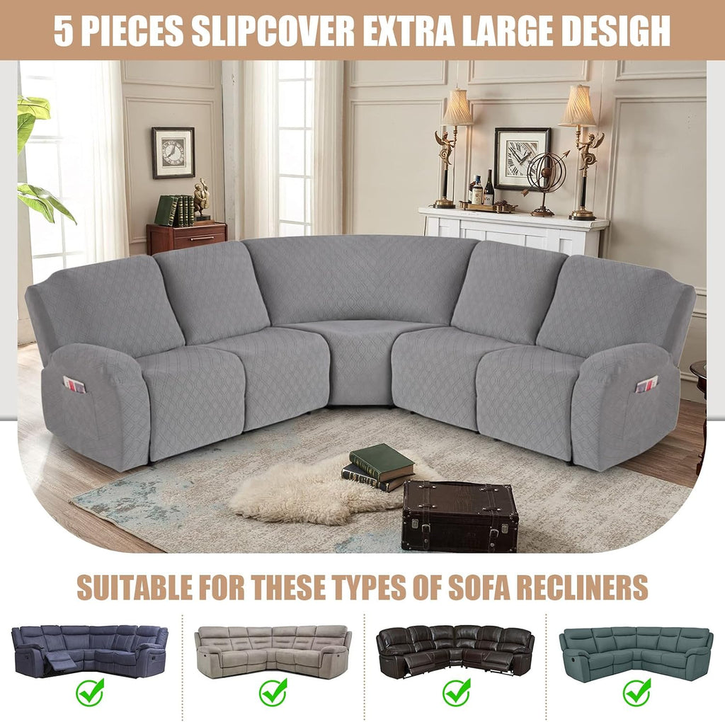 VANSOFY Extra Large Reclining Sectional Couch Covers, Washable 5-Piece Sofa Covers for L Shape Sectional Sofa Corner Seater, Thick, Soft Sofa Slipcovers (5 Seat Recliner Cover, Light Gray)