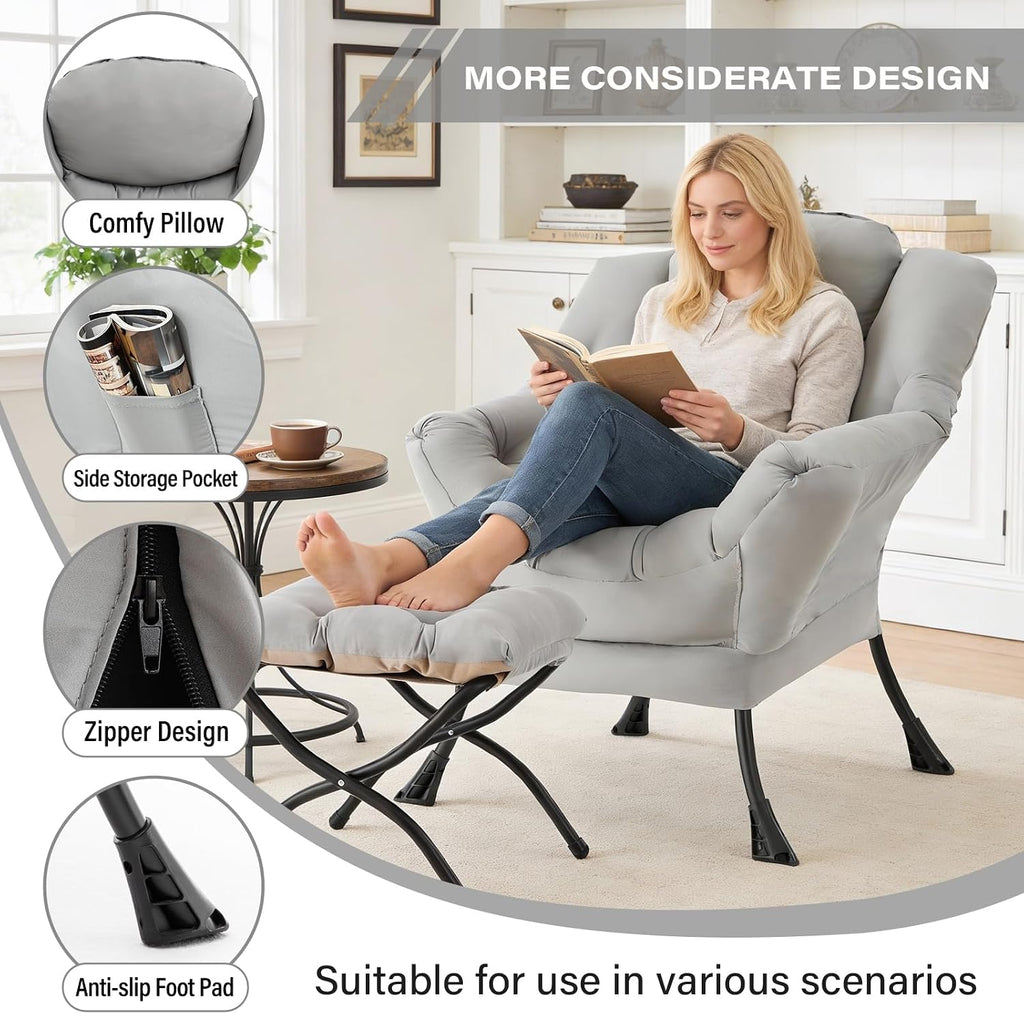 MBOOYOME Lazy Chair with Folding Ottoman, Modern Accent Lounge Armchair with Armrests and a Side Pocket & Foldable Footstool, Leisure Reading Chair for Living Room, Bedroom, Dorm & Office, Light Grey