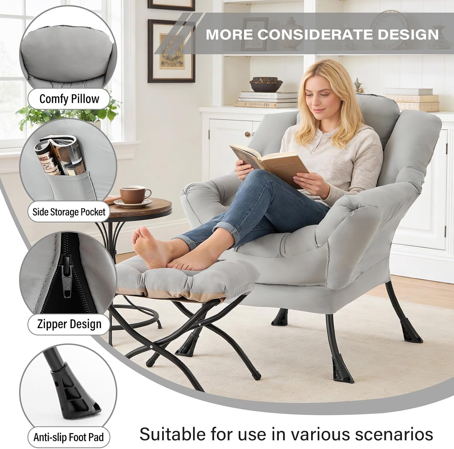 MBOOYOME Lazy Chair with Folding Ottoman, Modern Accent Lounge Armchair with Armrests and a Side Pocket & Foldable Footstool, Leisure Reading Chair for Living Room, Bedroom, Dorm & Office, Light Grey