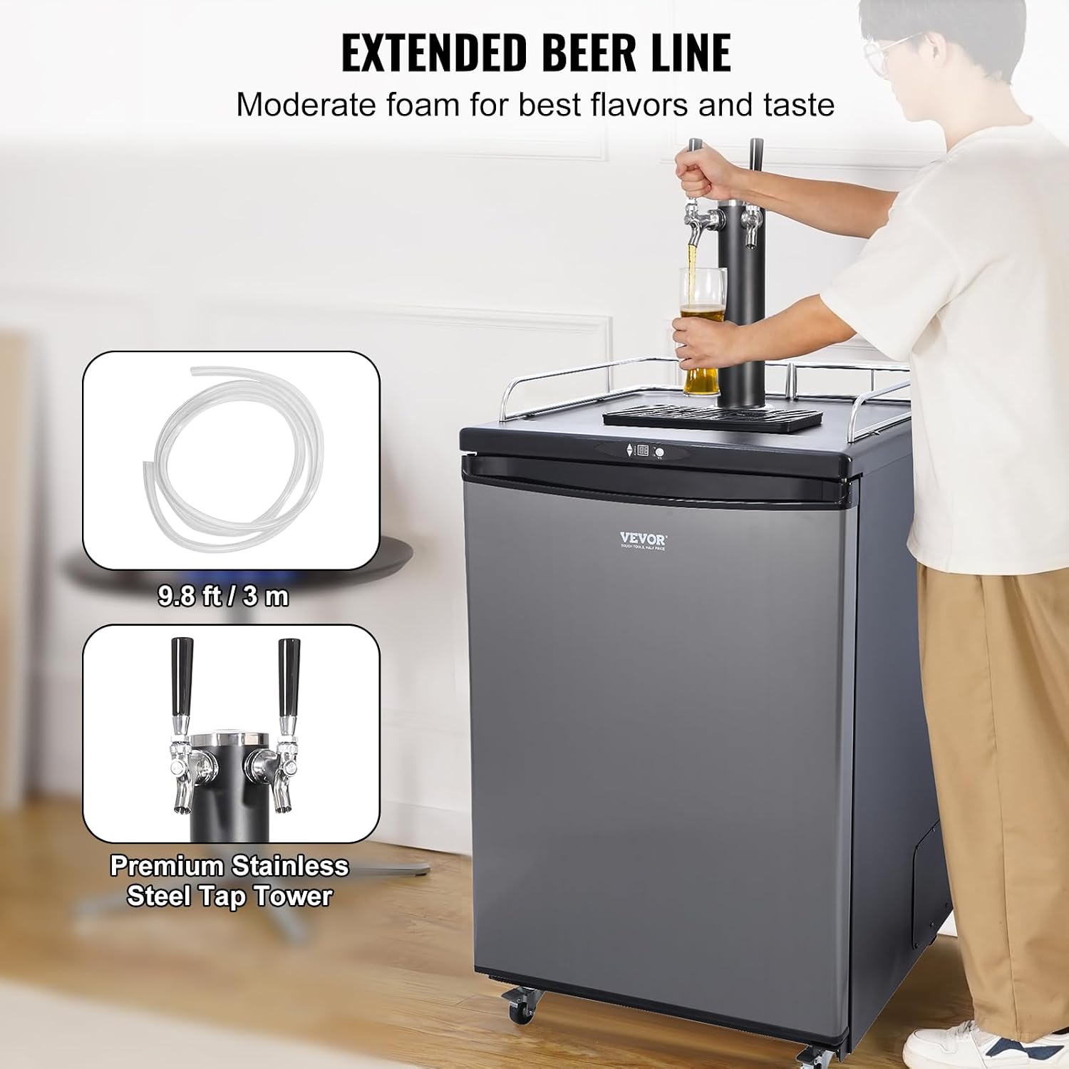 VEVOR Beer Kegerator, Dual Tap Commercial Draft Beer Dispenser for D system, Full Size Keg Refrigerator with 5lbs CO2 Tank, Hold 2 Sixth / 3 Ball lock keg, Silver