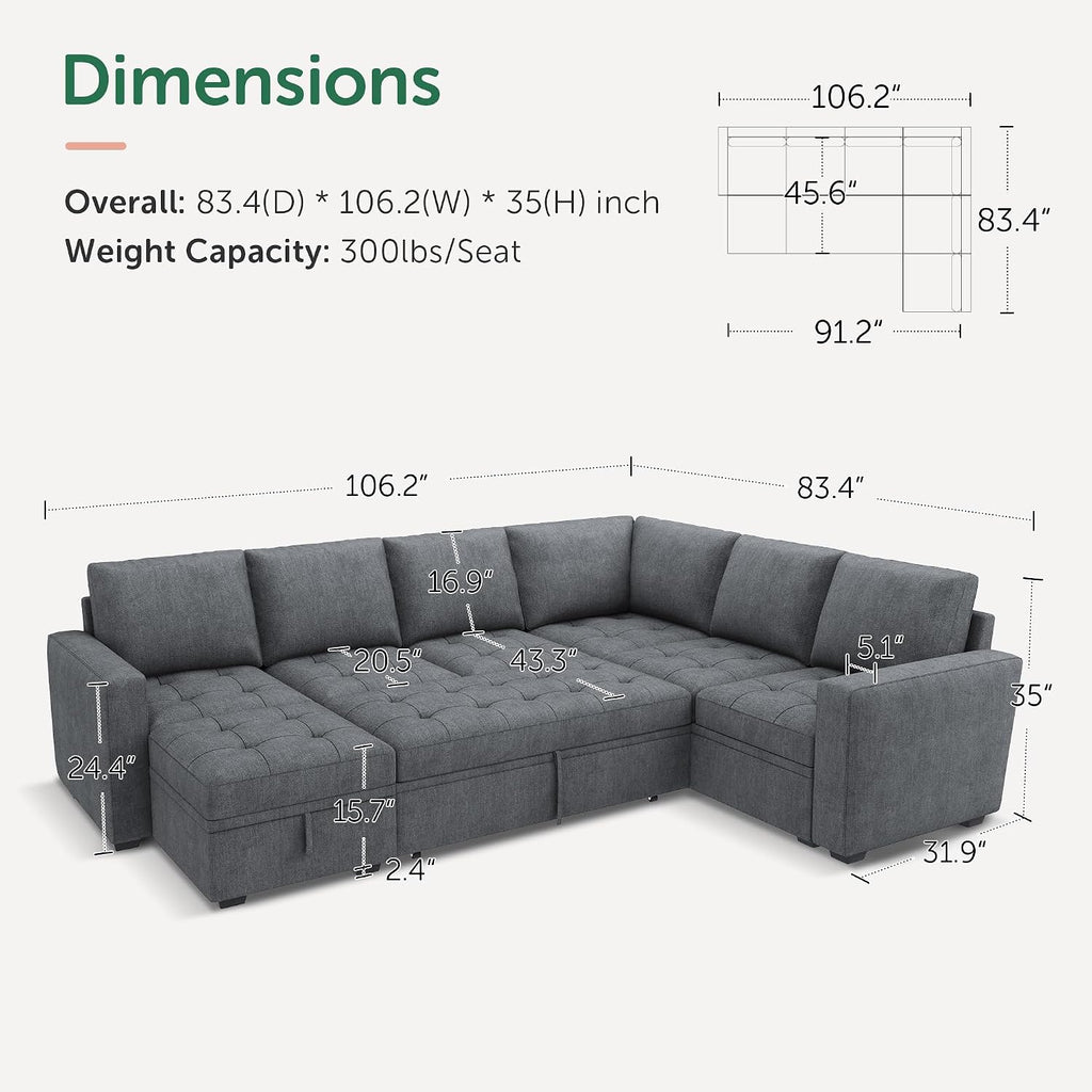 HONBAY Modular Sectional Couch with Pull Out Bed,Moduar Sleeper Sofa with Storage,U Shaped Sectional Couches for Living Room,Bluish Grey