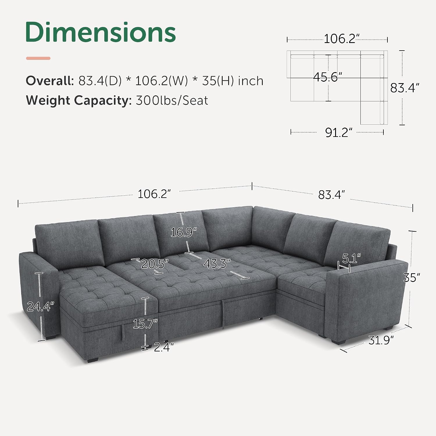 HONBAY Modular Sectional Couch with Pull Out Bed,Moduar Sleeper Sofa with Storage,U Shaped Sectional Couches for Living Room,Bluish Grey