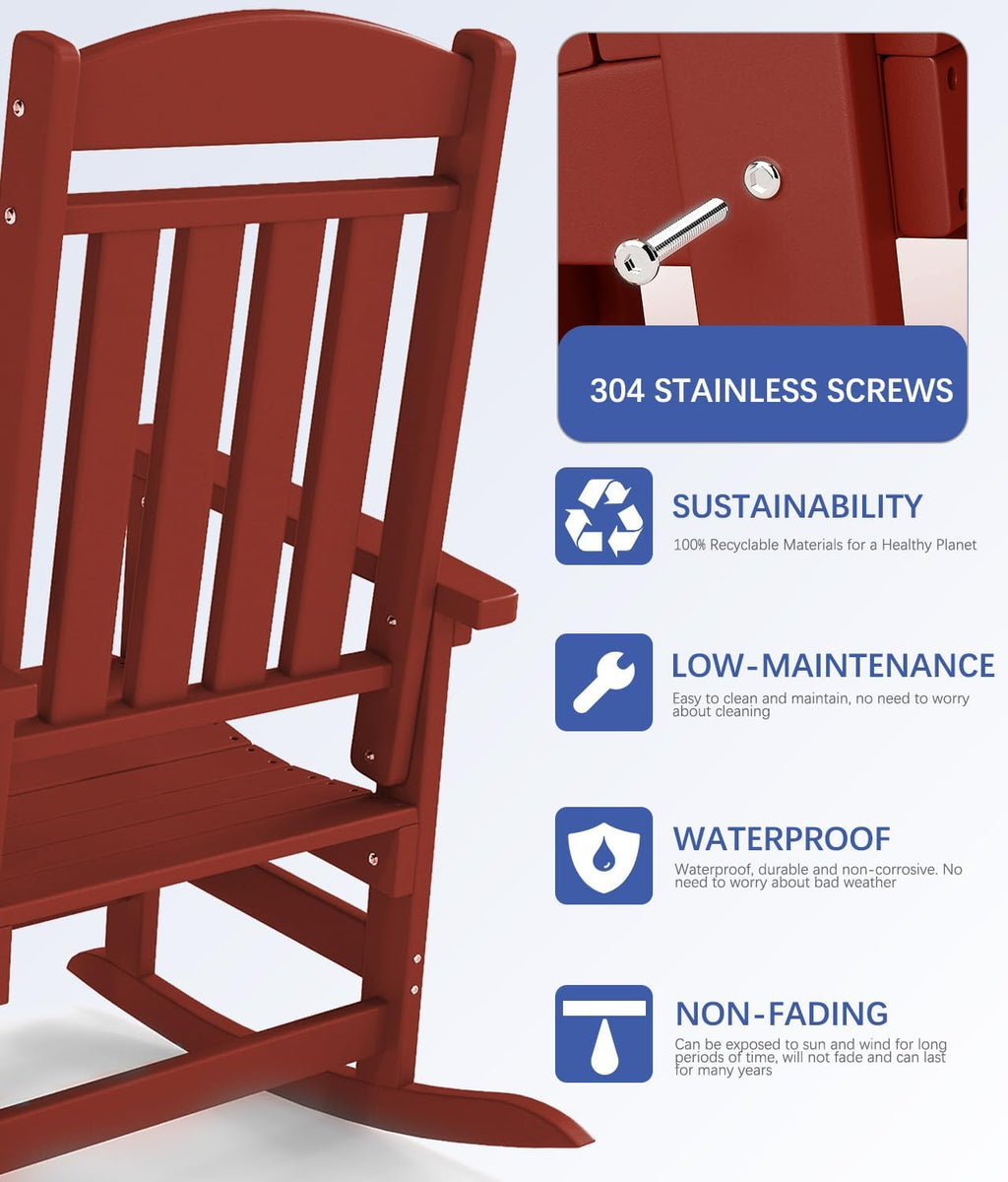FOOWIN Outdoor Rocking Chair Set of 2, High Back Patio Rocking Chair, HDPE All Weather Resistant Porch Rocker for Adult, Oversized Rocking Chairs for Garden, Lawn, Indoor & Outdoor Use, Dark Red