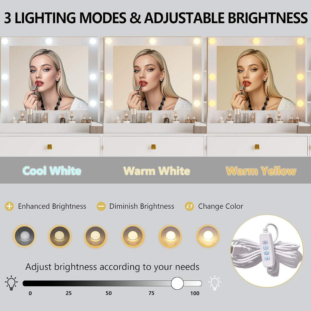Vanity Desk with Mirror and Lights, Small Makeup Vanity Table with RGB Storage Cabinet & Power Strips & Shelves, 3 Lighting Modes & Adjustable Brightness, Dressing Table for Women Girls Bedroom, White
