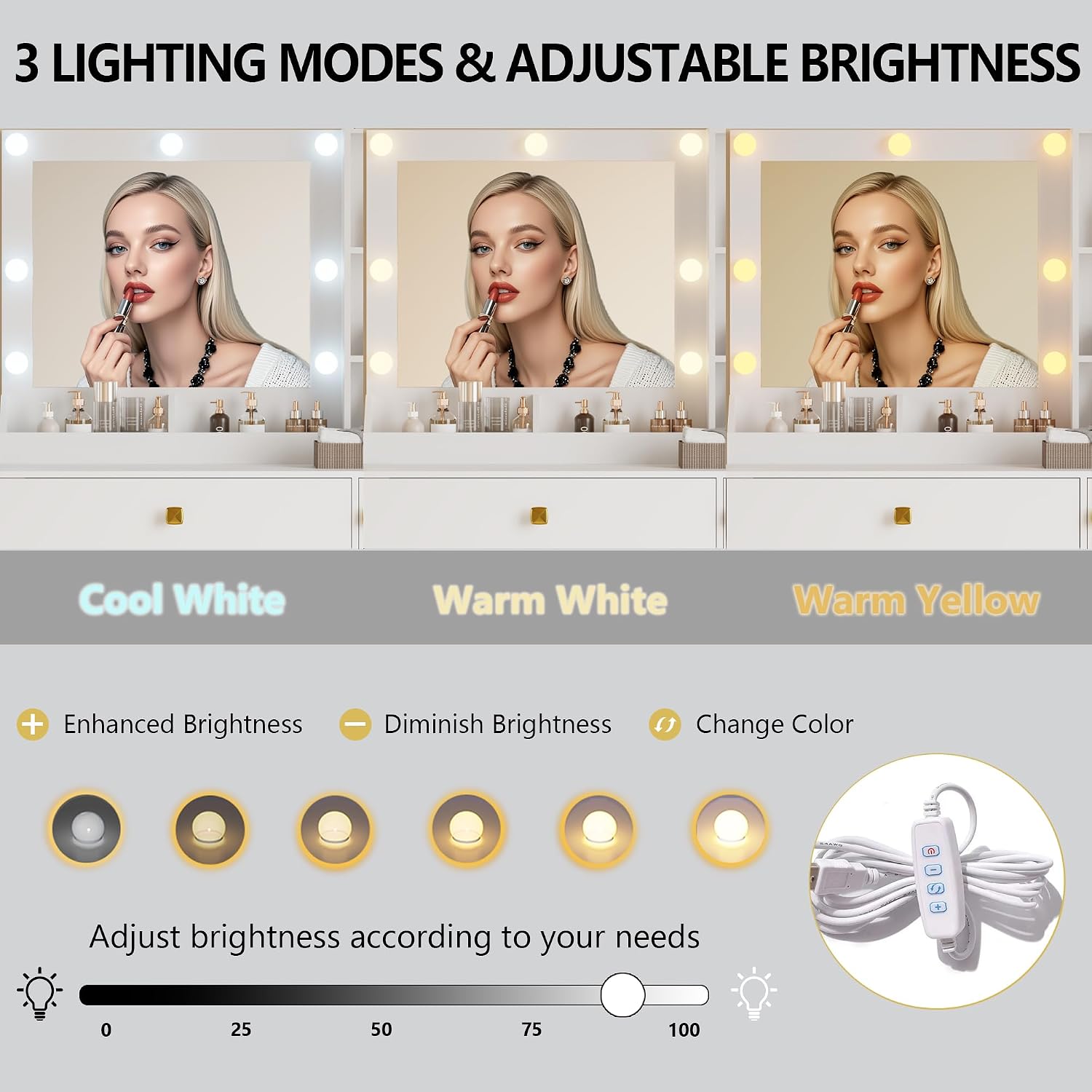 Vanity Desk with Mirror and Lights, Small Makeup Vanity Table with RGB Storage Cabinet & Power Strips & Shelves, 3 Lighting Modes & Adjustable Brightness, Dressing Table for Women Girls Bedroom, White