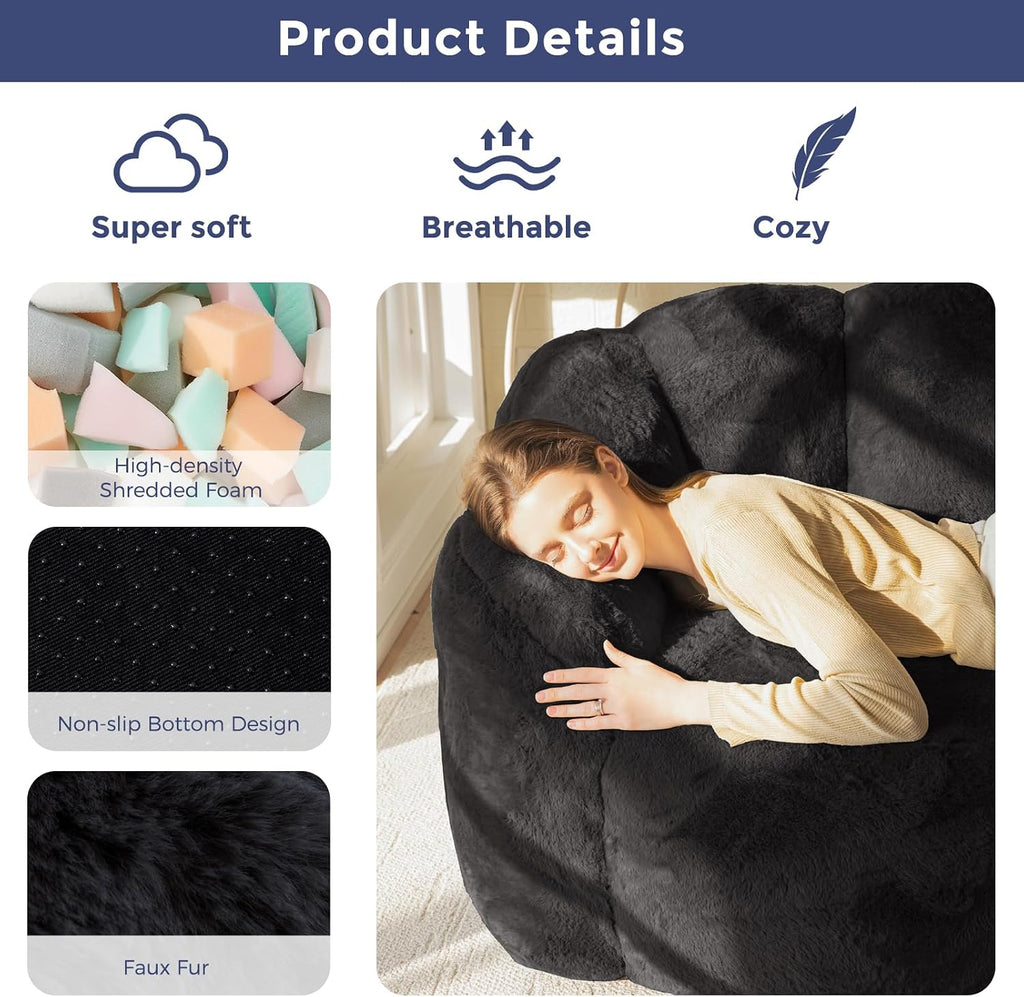MAXYOYO Bean Bag Chair for Adults, Loveseat Floral Shaped Bean Bag Sofa, Ultra Soft Love Seat Mini Sofa Couch, Faux Fur Reading Chair for Living Room Bedroom, Black