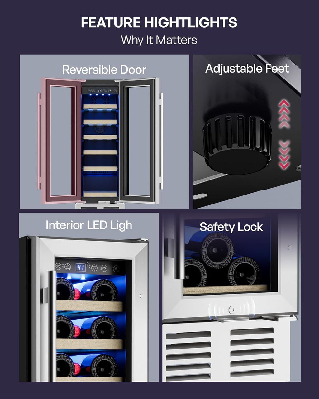 Icyglee 12 inch Wine Cooler Refrigerator, 18 bottle Wine Fridge Built-in or Freestanding with Double-Layer Tempered Glass Door, Mini Fridge with Digital Temp Control & Fast Cooling, Low Noise