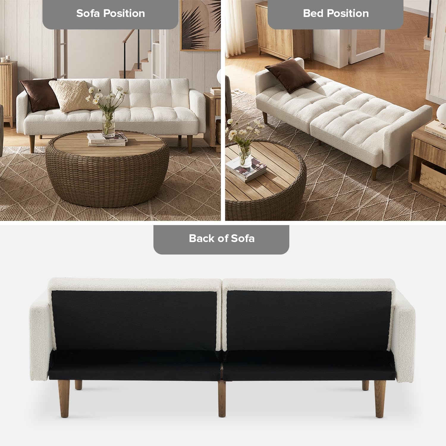 mopio 76.4' Futon Sofa Bed, Couch, Loveseat, Sleeper Sofa, Mid Century Modern Futon Couch, Sofa Cama, Couches for Living Room (Aaron, Pearl White Boucle)
