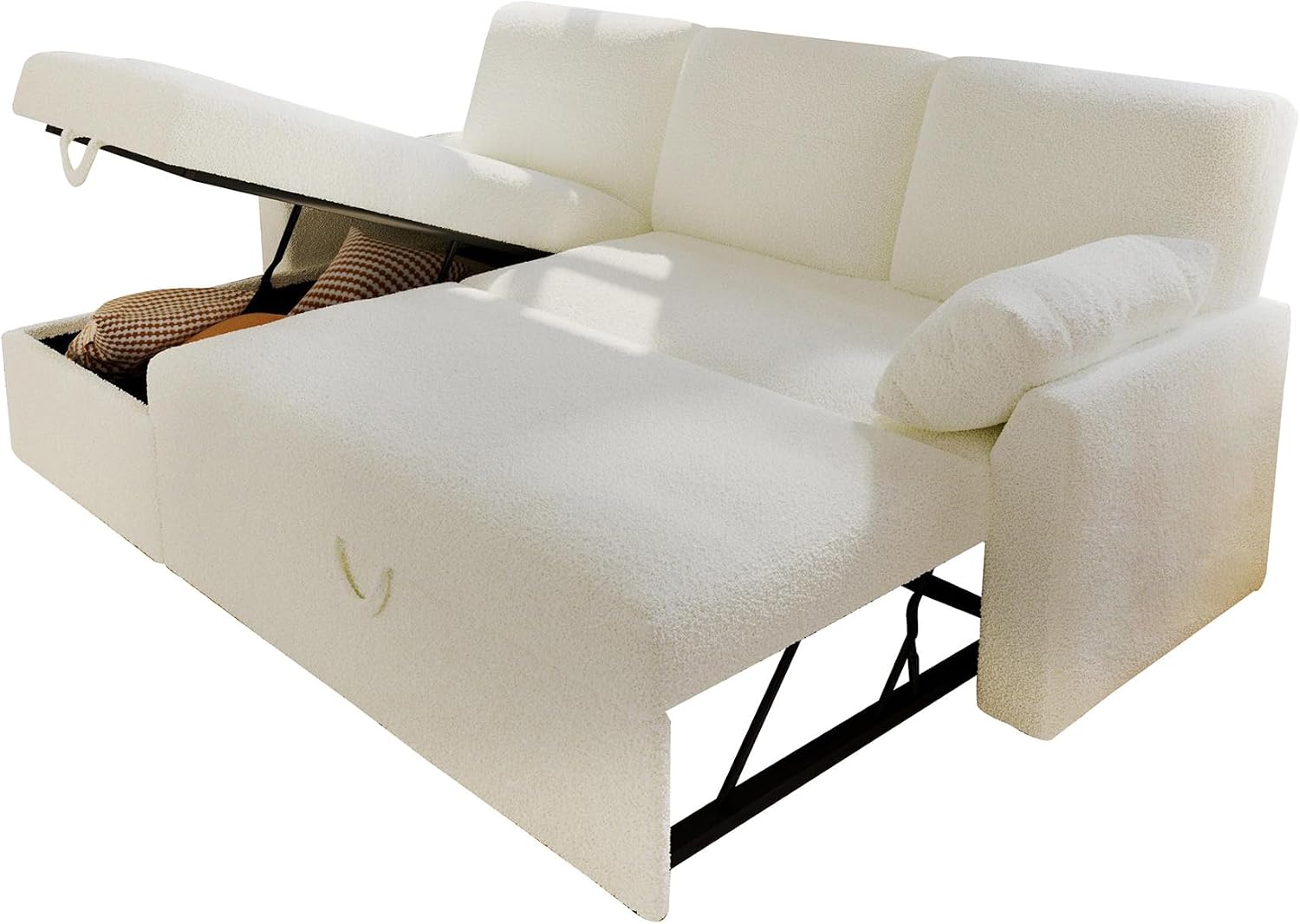 VanAcc Sofa Bed, Sleeper Sofa- 2 in 1 Pull Out Couch Bed with Storage Chaise for Living Room, White Sherpa