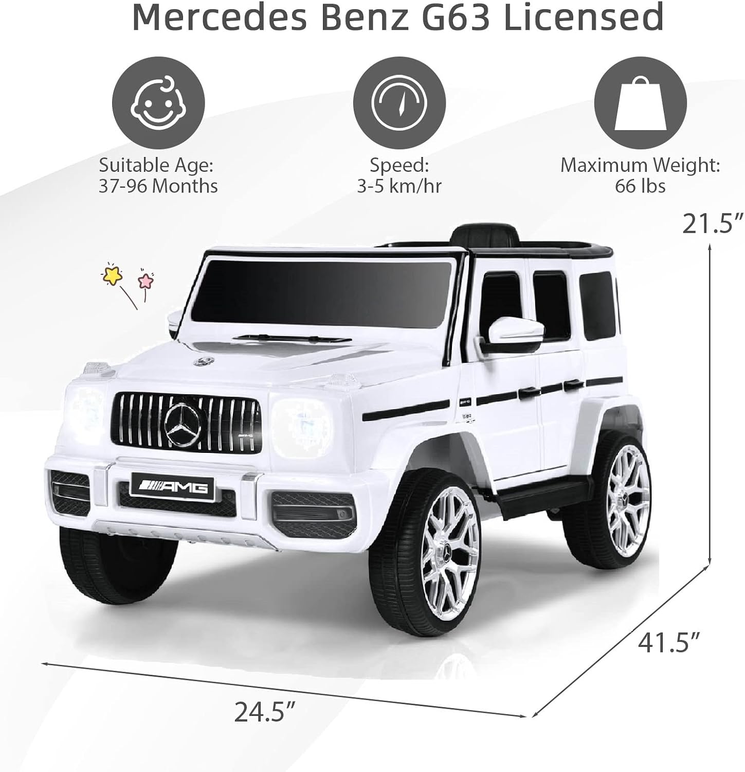 INFANS Licensed Mercedes Benz G63 Kids Ride On Car, 12V Electric Vehicle with Remote Control, Double Open Doors, Music, Bluetooth, Wheels Suspension, Battery Powered for Children Boy Girl (White)