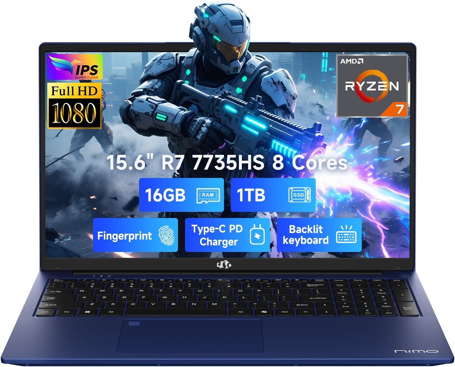 NIMO 15.6' IPS FHD Gaming-Laptop, AMD 8 Cores Ryzen 7 7735HS 16GB DDR5 RAM 1TB SSD (Beats i7-12650H, Up to 4.75GHz) Computer with Radeon 680M 100W Type-C Backlit Keyboard Fingerprint Unlock, Blue