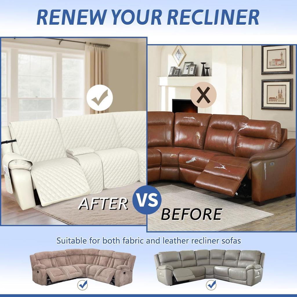 Arfntevss Recliner Sectional Couch Covers 1OO% Waterproof L Shape Sofa Cover for Reclining L Shaped Sectional Slipcover Dog Washable Corner Non Slip Protector (5 Seater with 1 Console, Cream White)