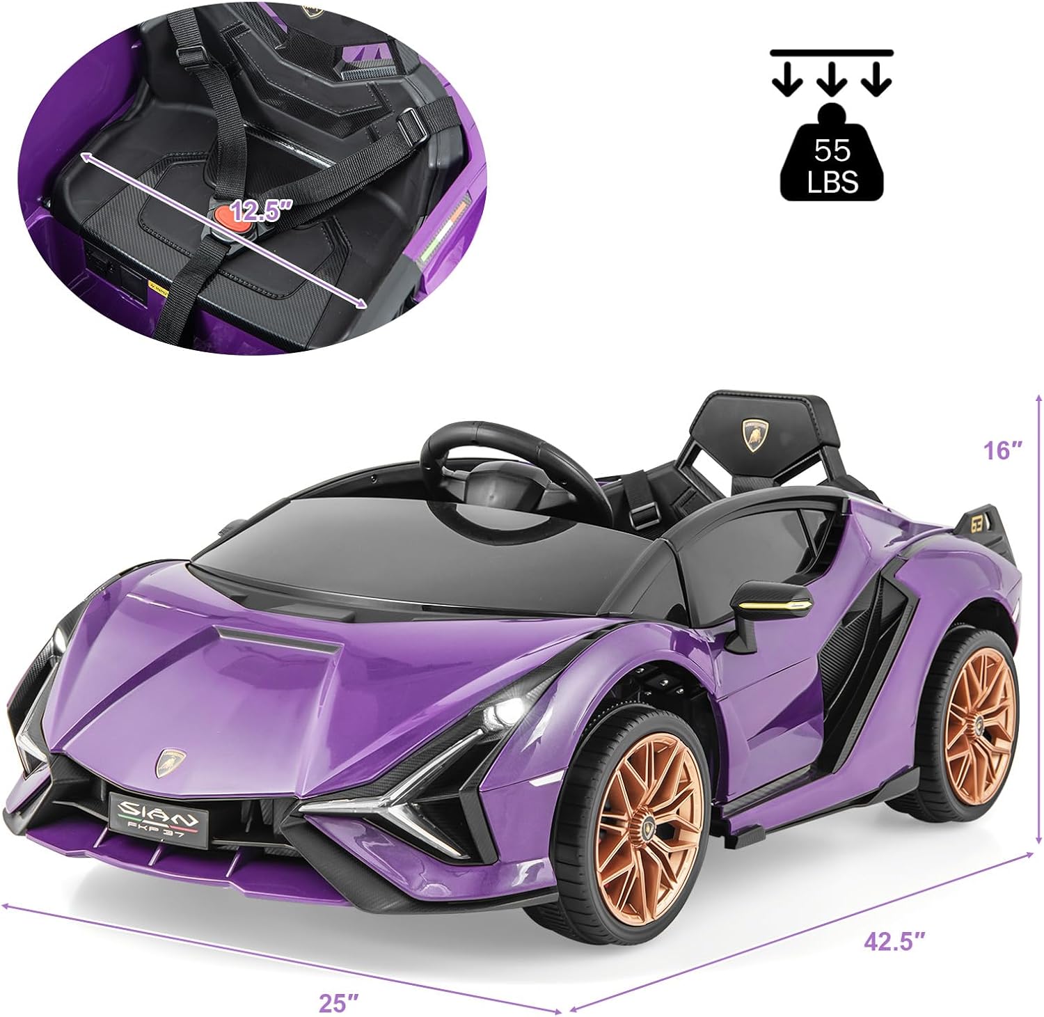 INFANS 12V Licensed Lamborghini Sian Kids Ride On Car with Parent Remote Control, Spring Suspension, MP3 Player, Electric Toy Roadster Carbon Fiber Textured for Toddler (Purple)