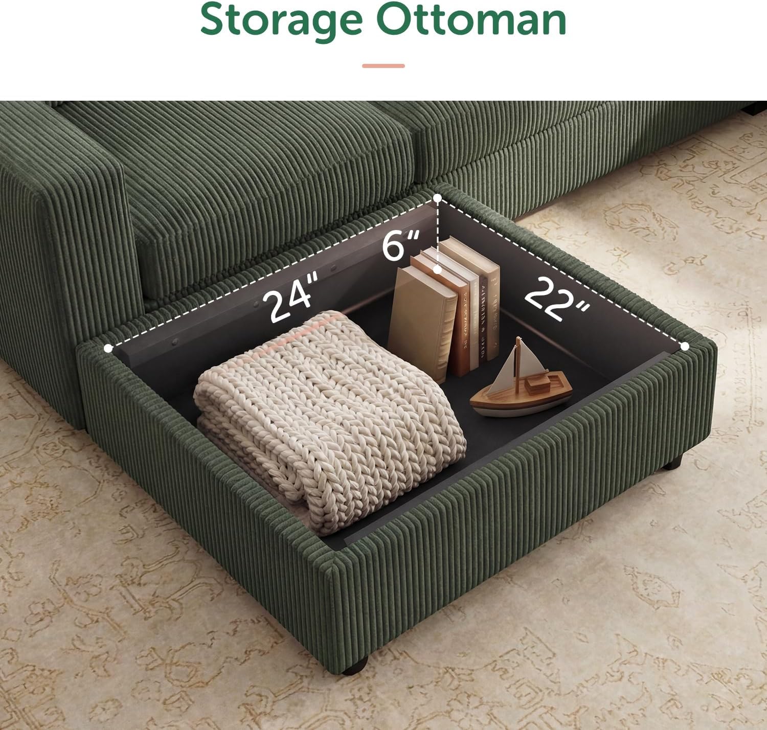 HONBAY Corduroy Sectional Sofa with Storage, U Shape Sectional Sofa with Chaise, Sectional Couches for Living Room, Green