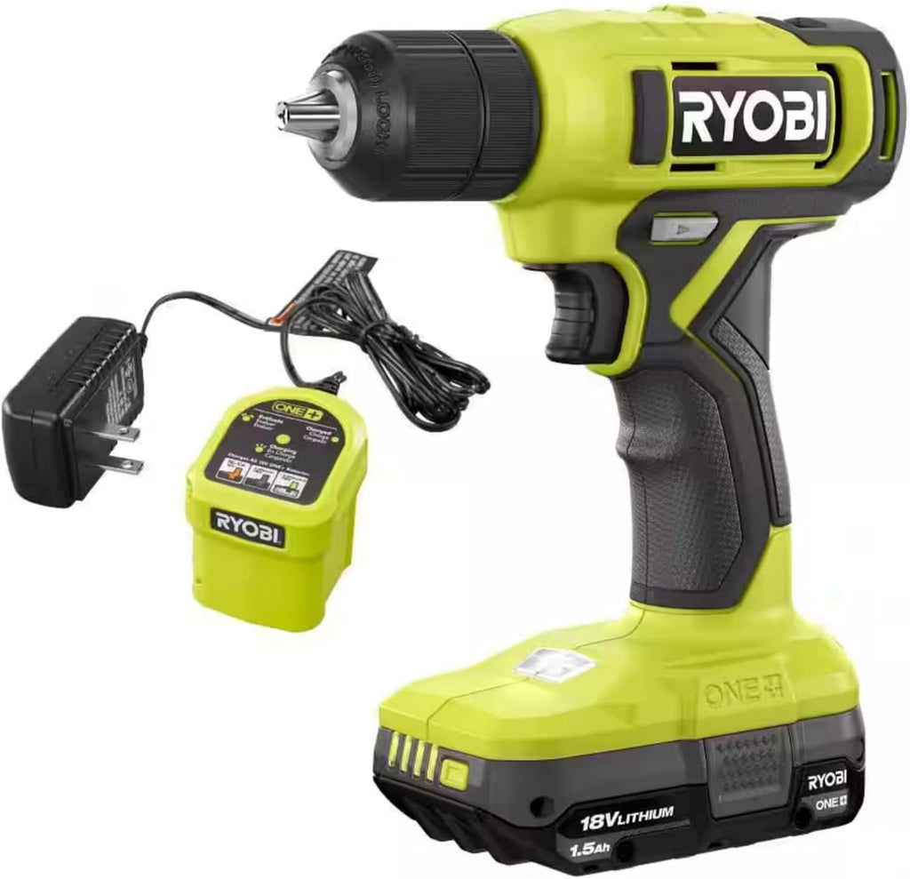 Buho Household Tool Kit Accessory Bundle - Ryobi 18V Cordless Drill Driver 1.5 Ah Battery Charger Hand Tools Drill Bits Tool Bag Holster Pouch Flashlight