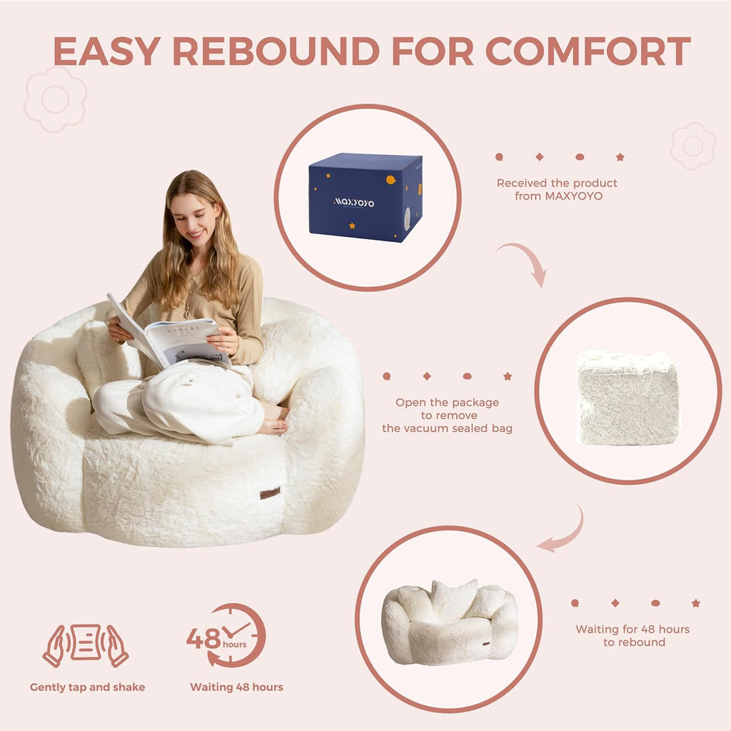 MAXYOYO Bean Bag Chair, Floral Shaped Bean Bag Sofa for Adults, Soft Faux Fur Floor Sofa, Large Stuffed Reading Chair for Living Room, Beige