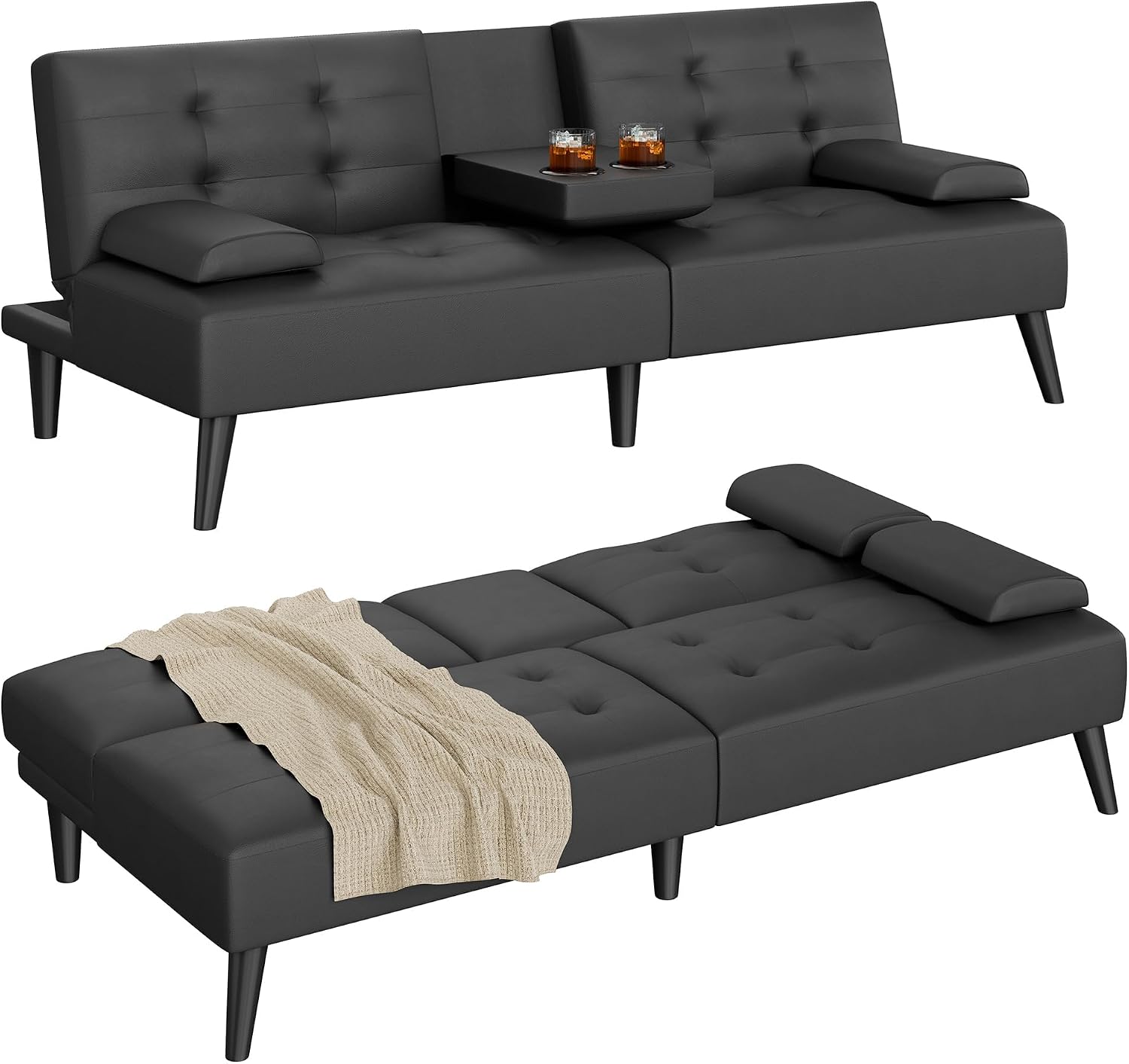 Shintenchi Futon Sofa Bed, Leather Foldable Couch, Reclining Sleeper w/Removable Armrests, Upholstered Loveseat w/Folding Cup Holders for Home, Office, Black