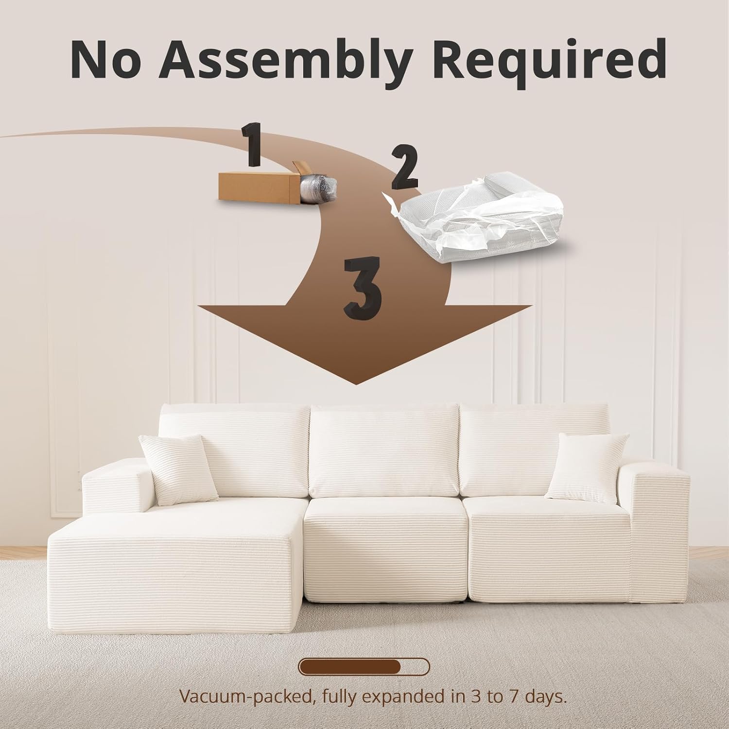 108' L-Shaped Boneless Couch, High Seat Modular Sectional Sofa with Moveable Ottoman, Corduroy Cloud Couches for Living Room, No Assembly, Ship in a Box, White