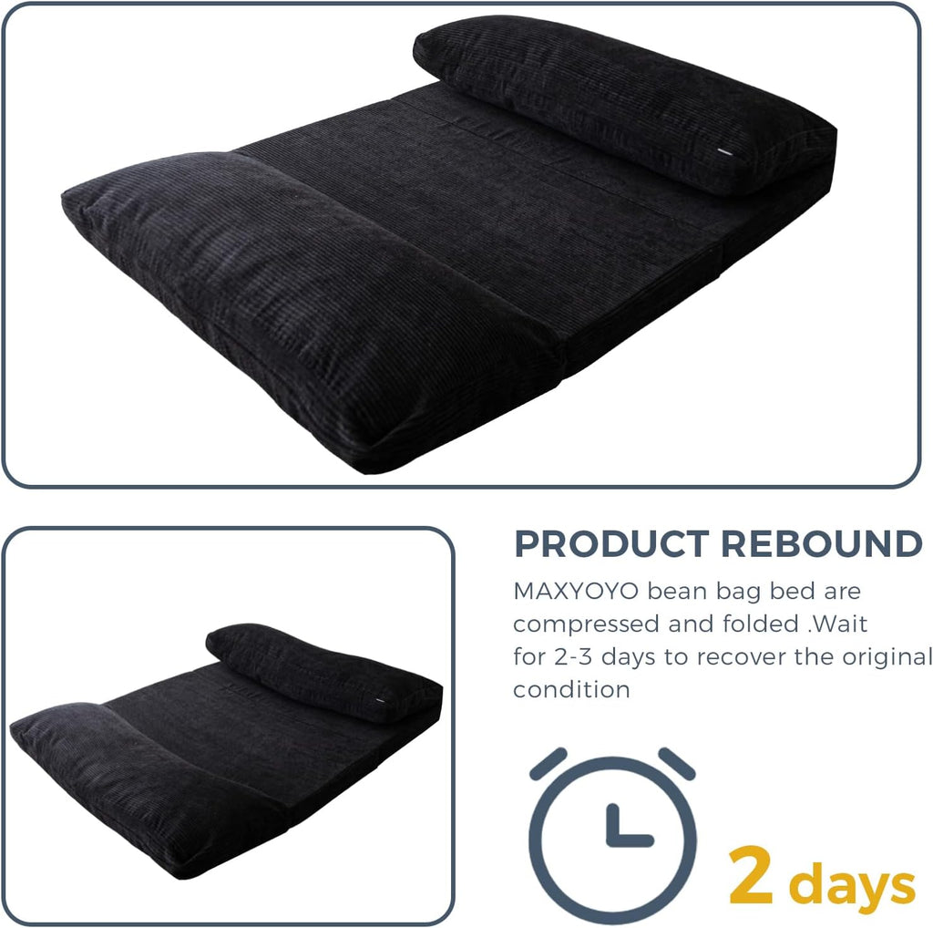 MAXYOYO Folding Sofa Bed, Extra Thick and Long Floor Sofa Convertible Sleeper Chair with Washable Cover, Floor Couch Lounge Bean Bag Bed for Living Room, Black, 54x95 Inch