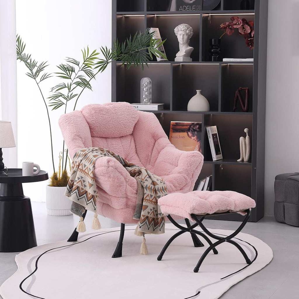 MBOOYOME Lazy Chair with Folding Ottoman, Modern Accent Lounge Armchair with Armrests and a Side Pocket & Foldable Footstool, Leisure Reading Chair for Living Room, Bedroom, Dorm & Office, Plush Pink