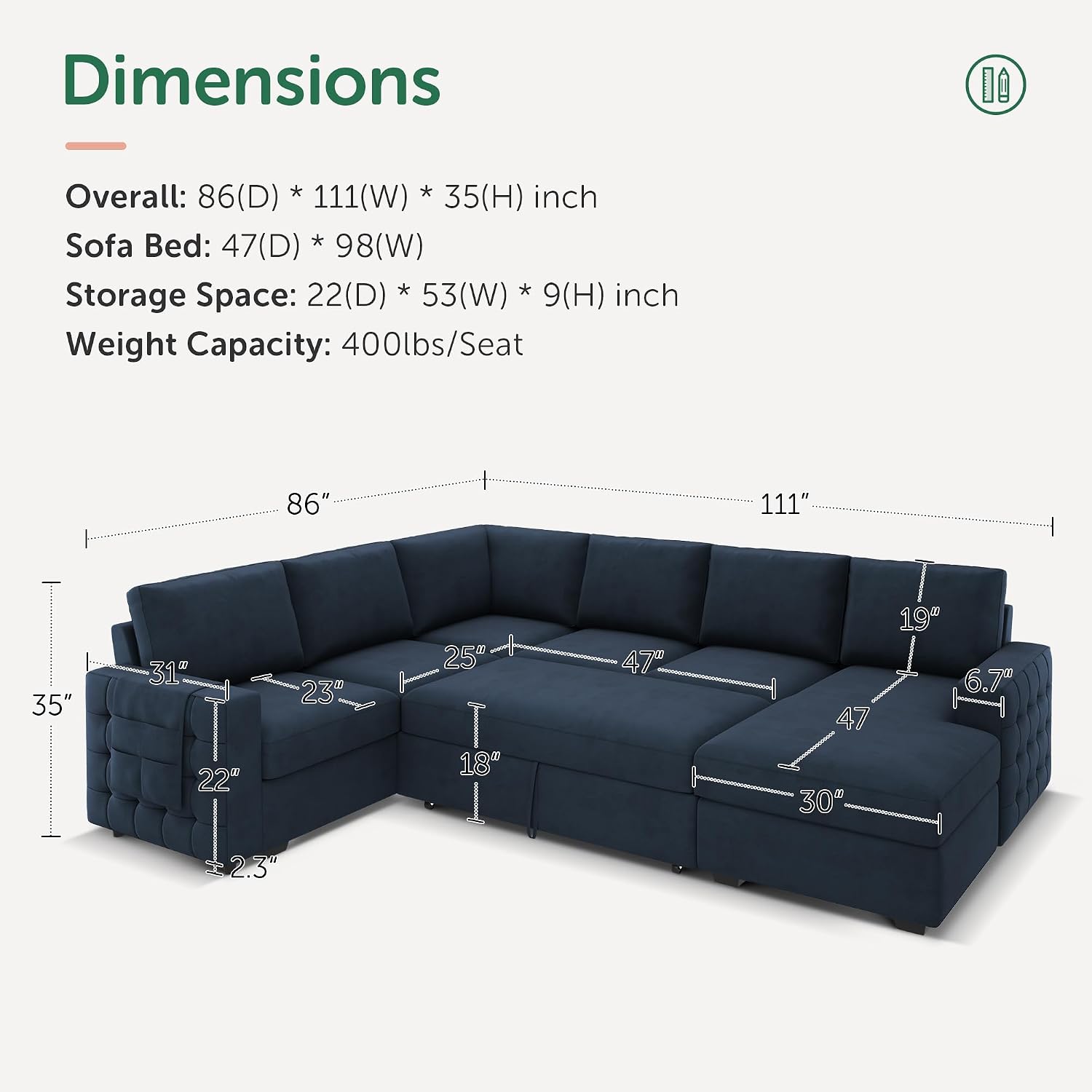 HONBAY Sectional Sleeper Sofa with Pull Out Bed U-Shape Sectional Couch Sleeper Bed with Storage Chaise Lounge Living Room 6 Seater Sectional Sofa,Velvet Dark Blue