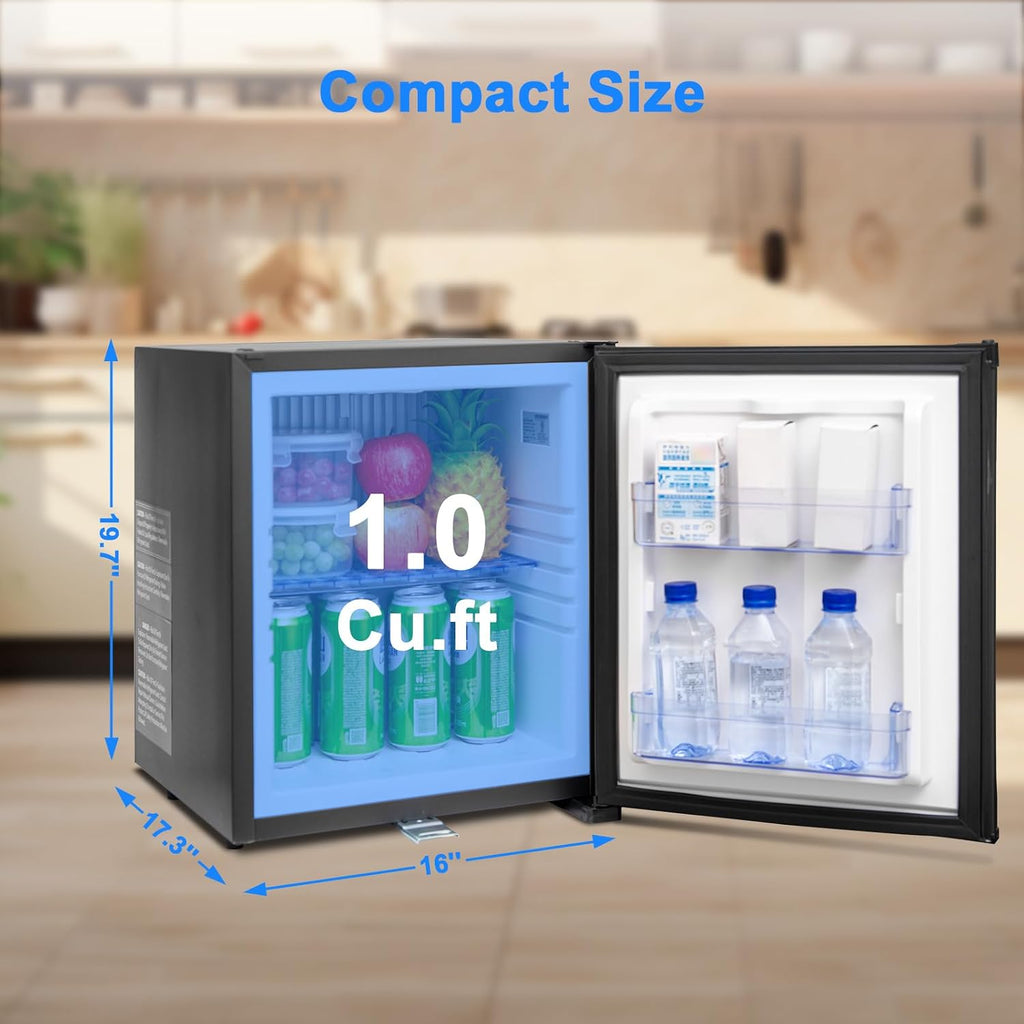 12V Refrigerator 1.0 Cu.Ft, AC/DC Mini Fridge with Lock, Reversible Door, Quiet Small Refrigerator for Bedroom Office RV Camper Semi Truck