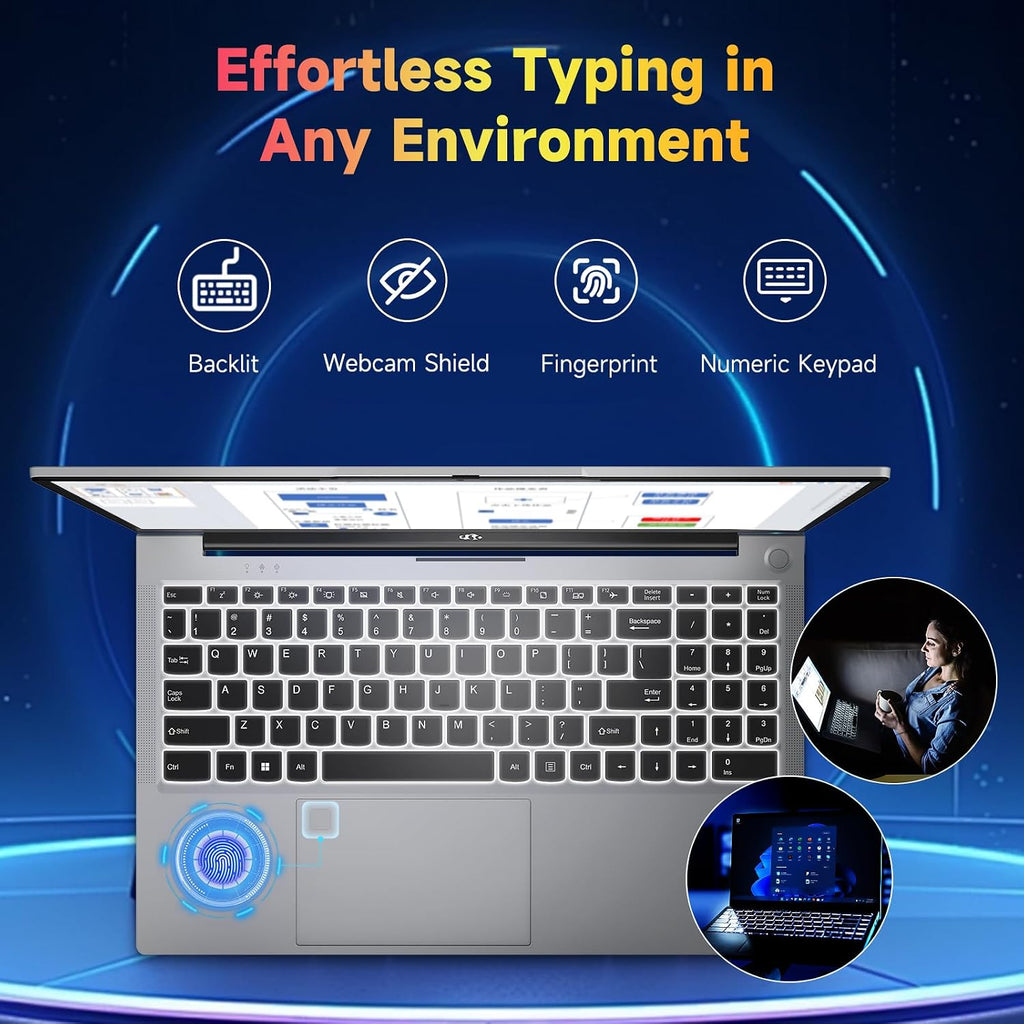 15.6-FHD-Laptop Student-Laptop, 16GB RAM 256GB SSD, Intel Pentium Quad-Core N100 Processor (Up to 3.4GHz) Backlit Keyboard Fingerprint WiFi 6 BT5.2 Business-Laptop, 2 Years Warranty Windows 11 Laptop