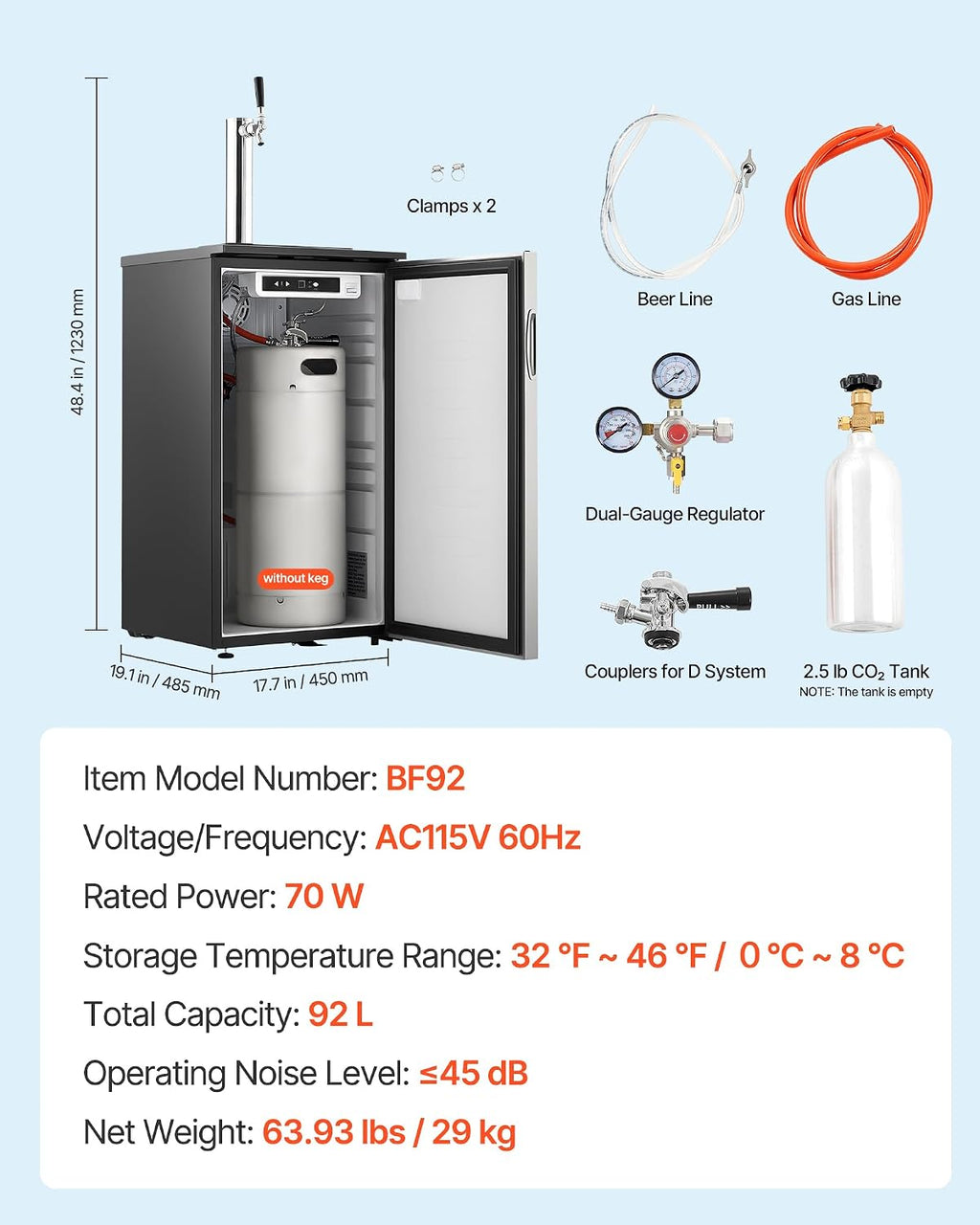 VEVOR Beer Kegerator, Single Tap Commercial Draft Beer Dispenser for D system, Refrigerator With Shelves, Hold 1 Sixth Keg, 2.5lbs CO2 Tank, 92L