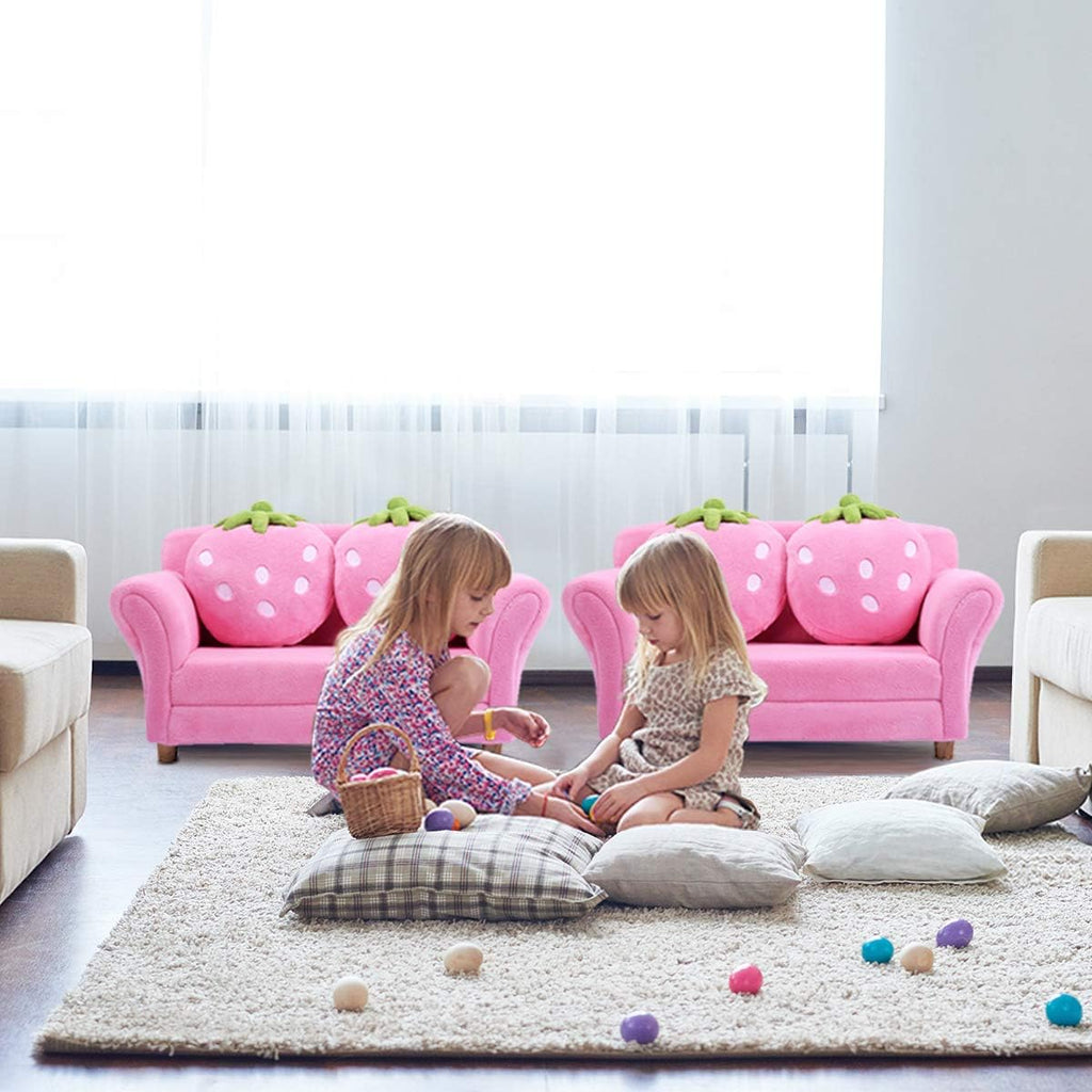 Costzon Kids Couch, Double Seat Pink Children's Sofa with 2 Strawberry Pillows, Toddler Armrest Chair for Bedroom, Living Room, Large Soft for Kids Loveseat for Baby Girls Pets Preschool Gifts