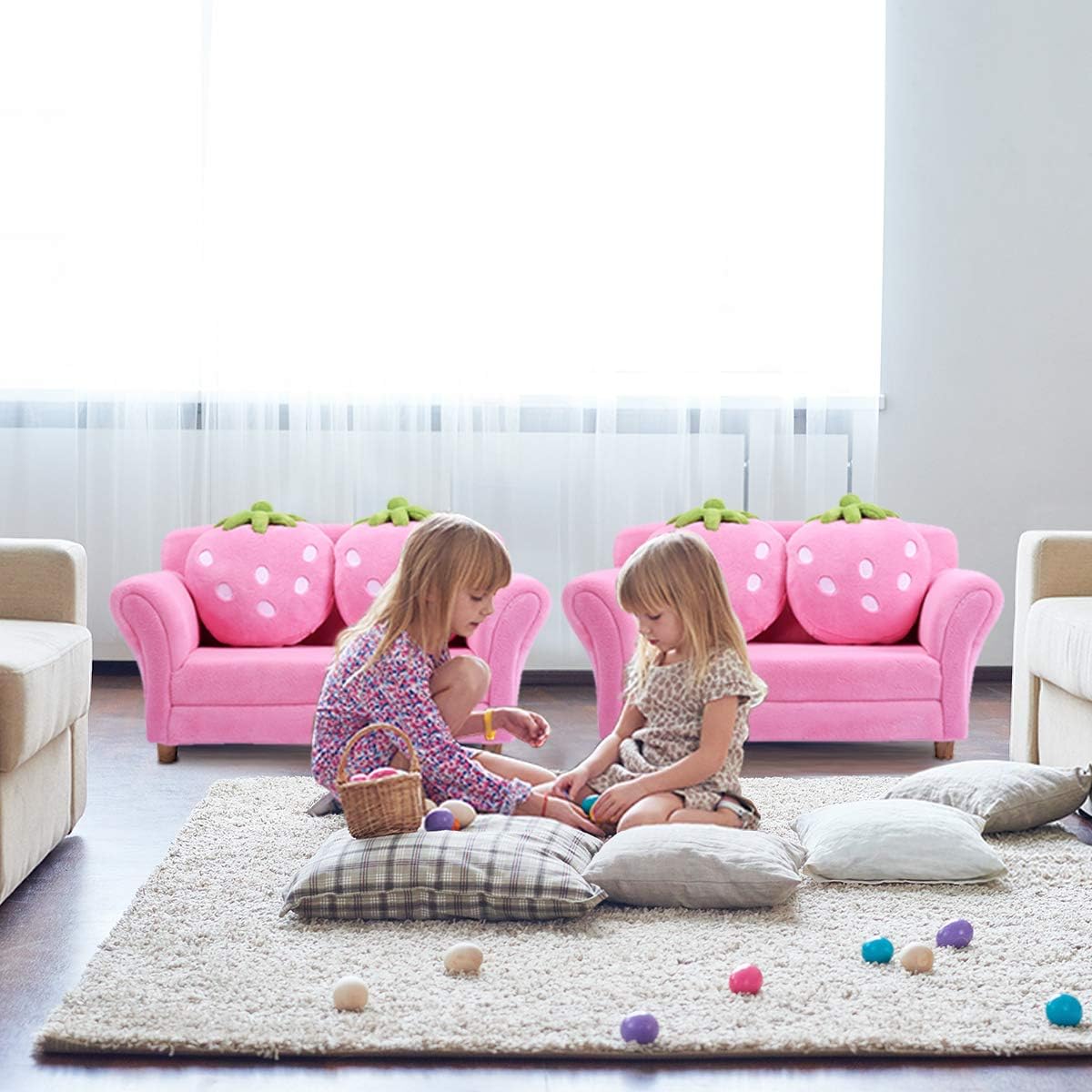 Costzon Kids Couch, Double Seat Pink Children's Sofa with 2 Strawberry Pillows, Toddler Armrest Chair for Bedroom, Living Room, Large Soft for Kids Loveseat for Baby Girls Pets Preschool Gifts