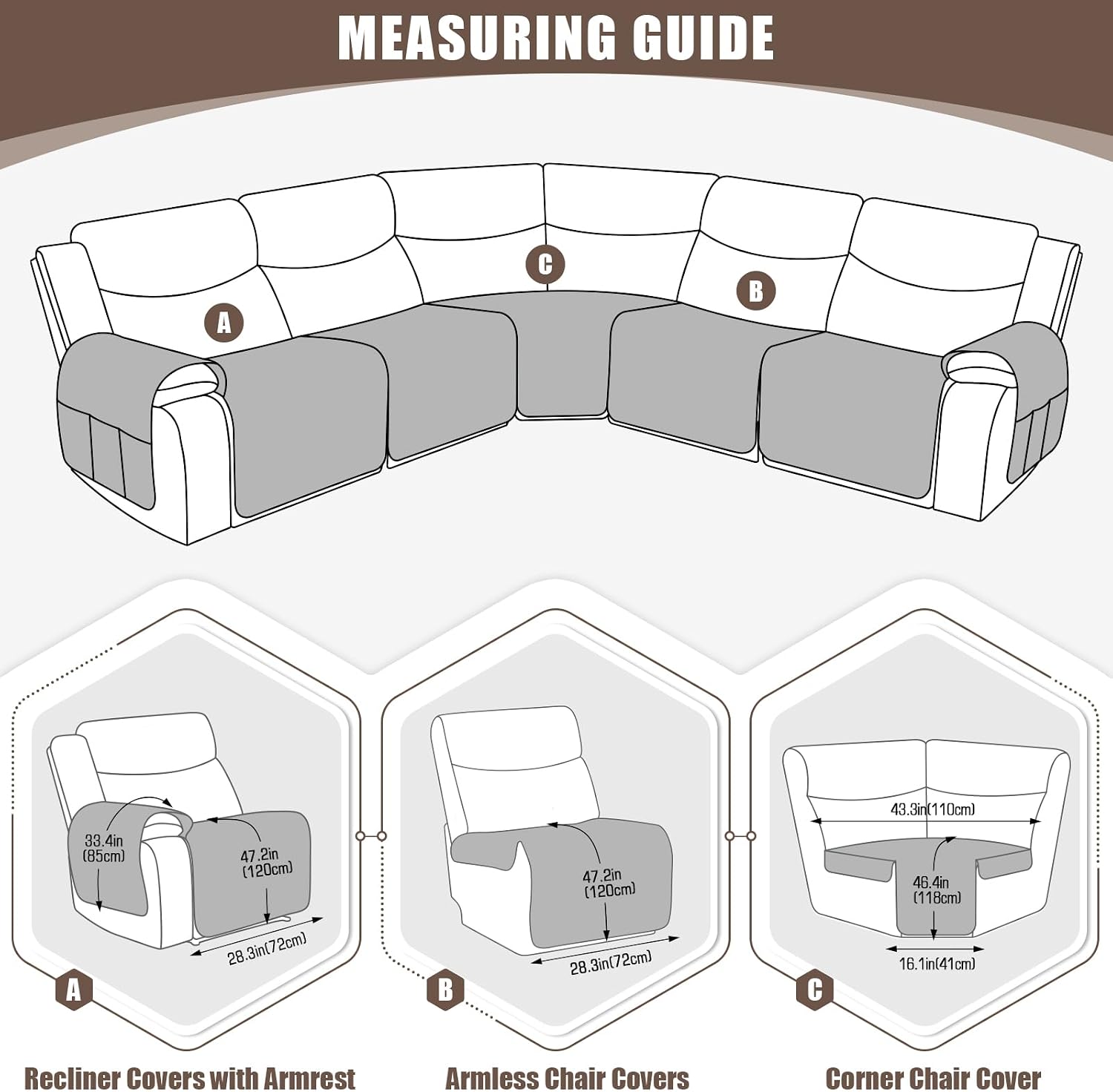 KinCam Waterproof Recliner Sectional Couch Covers, Oversized Reclining Sofa Covers for L Shape Couch, Non Slip Couch Cover for Sofa Washable Slipcover (5 Seat Recliner Cover, Brown)