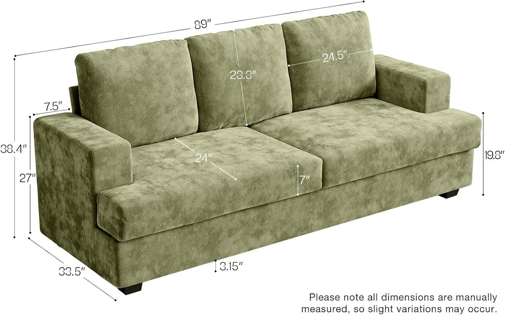 89' Green Couches for Living Room, 3 Seater Couch with Deep Seat, Oversized Loveseat Sofa for Apartment and Small Spaces