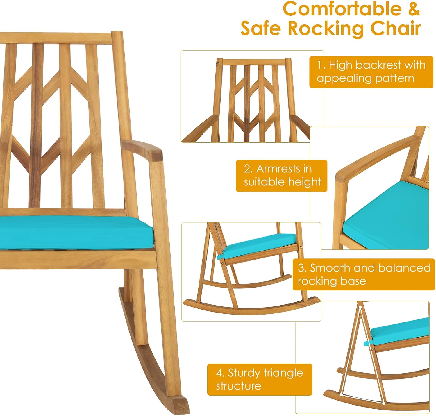 Tangkula 2 Pieces Acacia Wood Patio Rocking Chair, Outdoor Porch Rocker W/Removable High-Density Cushion, All-Weather Resistance, Perfect for Garden, Backyard, Poolside