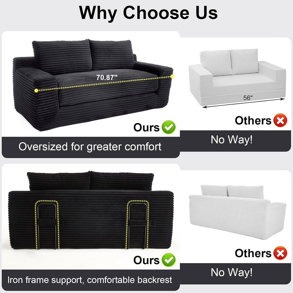 GNIXUU 71' Corduroy Cloud Loveseat Sofa, 2 in 1 Convertible Black Boneless Sleeper Sofa with Fixed-Shape Frame, Comfy Folding Love Seat Couches for Living Room, Apartment, Small Spaces