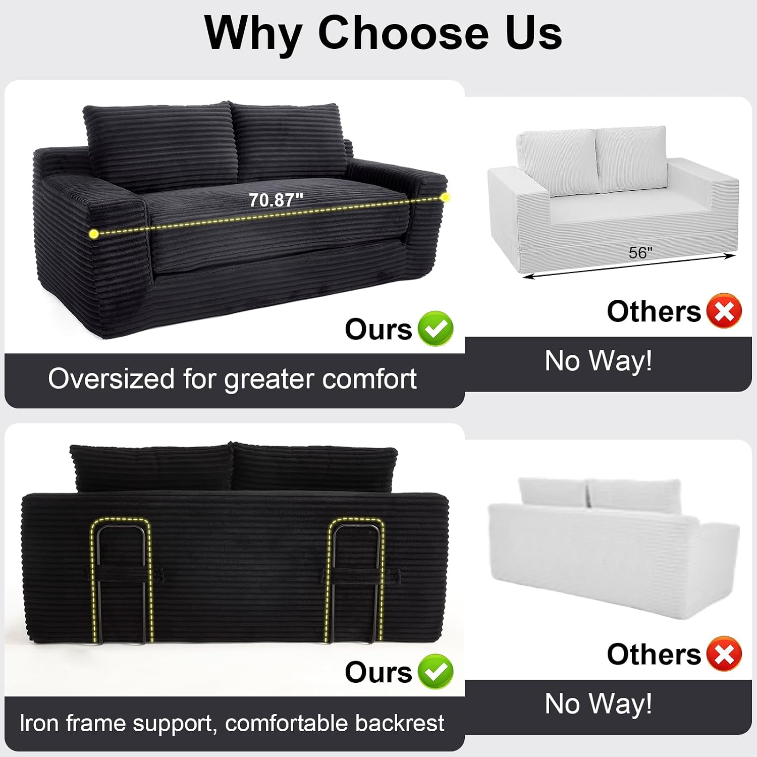 GNIXUU 71' Corduroy Cloud Loveseat Sofa, 2 in 1 Convertible Black Boneless Sleeper Sofa with Fixed-Shape Frame, Comfy Folding Love Seat Couches for Living Room, Apartment, Small Spaces