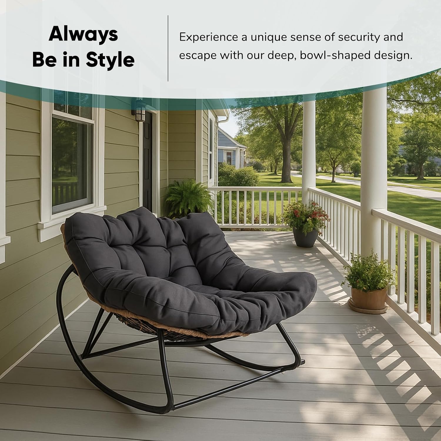 JOYBASE Outdoor Indoor Papasan Rocking Chair Set of 2, Oversized Papasan Rocker with Cushion, Patio Wicker Comfy Egg Chair for Backyard Bedroom Living Room Lounge Reading (Dark Grey)