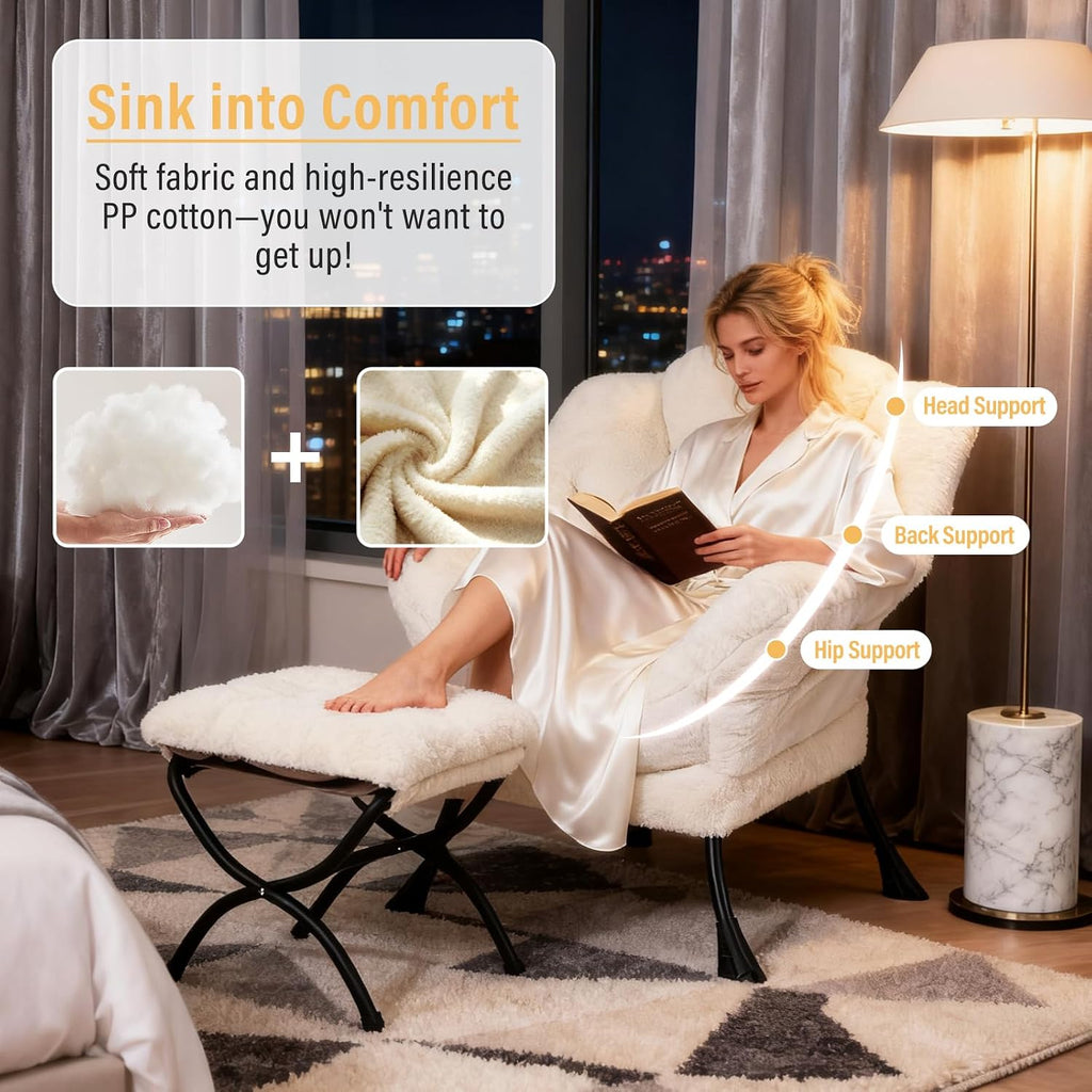 Furlide Lazy Chair with Ottoman, Modern Accent Chair with Armrests and a Side Pocket, Plush Beige Accent Chairs, Reading Chairs, Oversized Armchairs for Bedroom, Study, Living Room, Courtyard