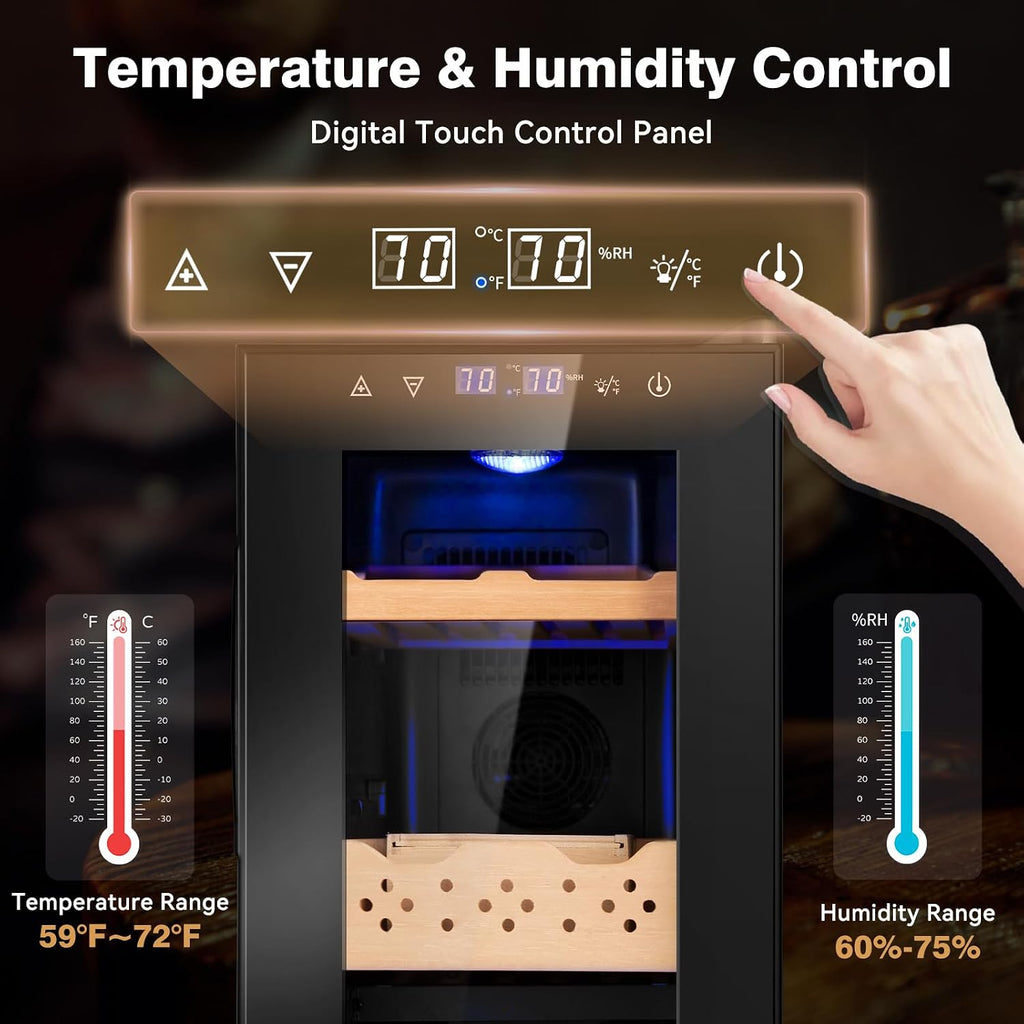 Electric Cooler Cabinet 25L with Temperature and Humidity Control, Spanish Cedar Wood Shelves and Safety Lock (200 Counts Capacity), Gift for Men