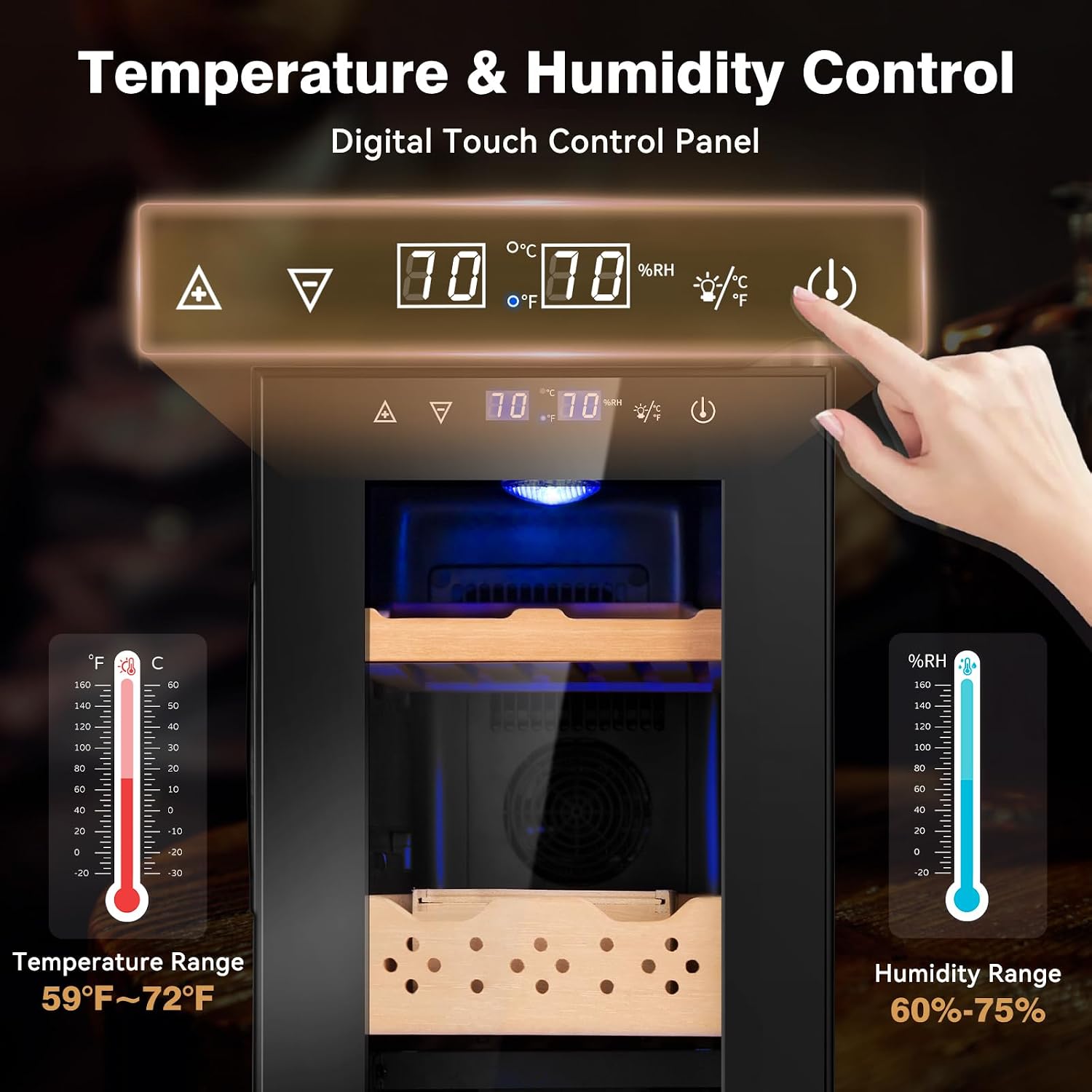 Electric Cooler Cabinet 25L with Temperature and Humidity Control, Spanish Cedar Wood Shelves and Safety Lock (200 Counts Capacity), Gift for Men